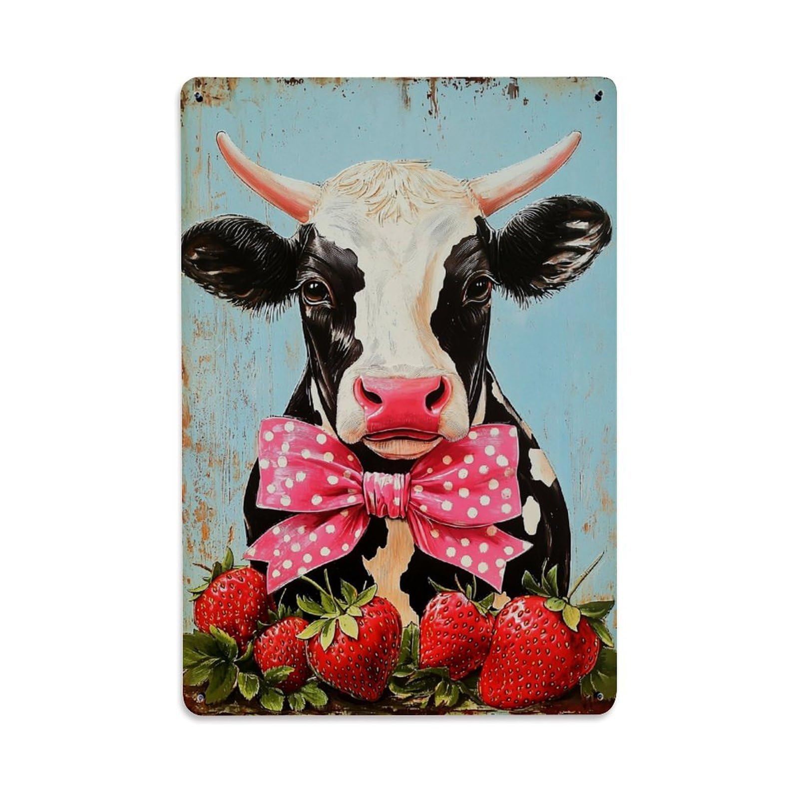Jdfenggu Vintage Cow With Bow And Strawberries Retro Metal Tin Sign, Decor Art Poster For Bar, Home, Man Cave, Kitchen, Laundry Room Gift 8X12inch