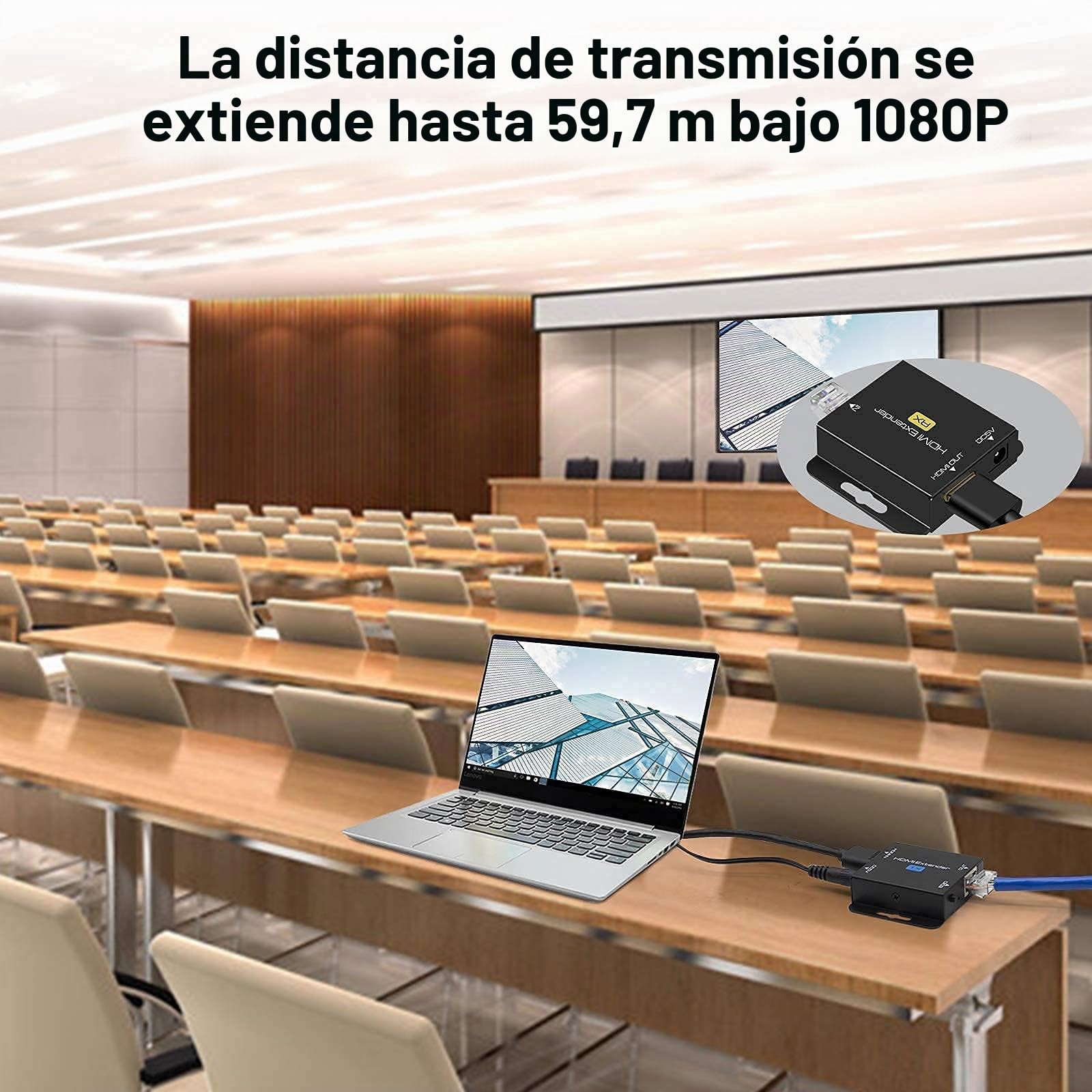 Extensor Con POC 1080P@60Hz Repetidor 3D HDMI (TX y RX) Convertidor RJ45 a HDMI Transferencia Individual Por Cable OFC Cat5e/Cat6/Cat7/Cat8 60M/196ft Con Adaptador de Corriente de 5V