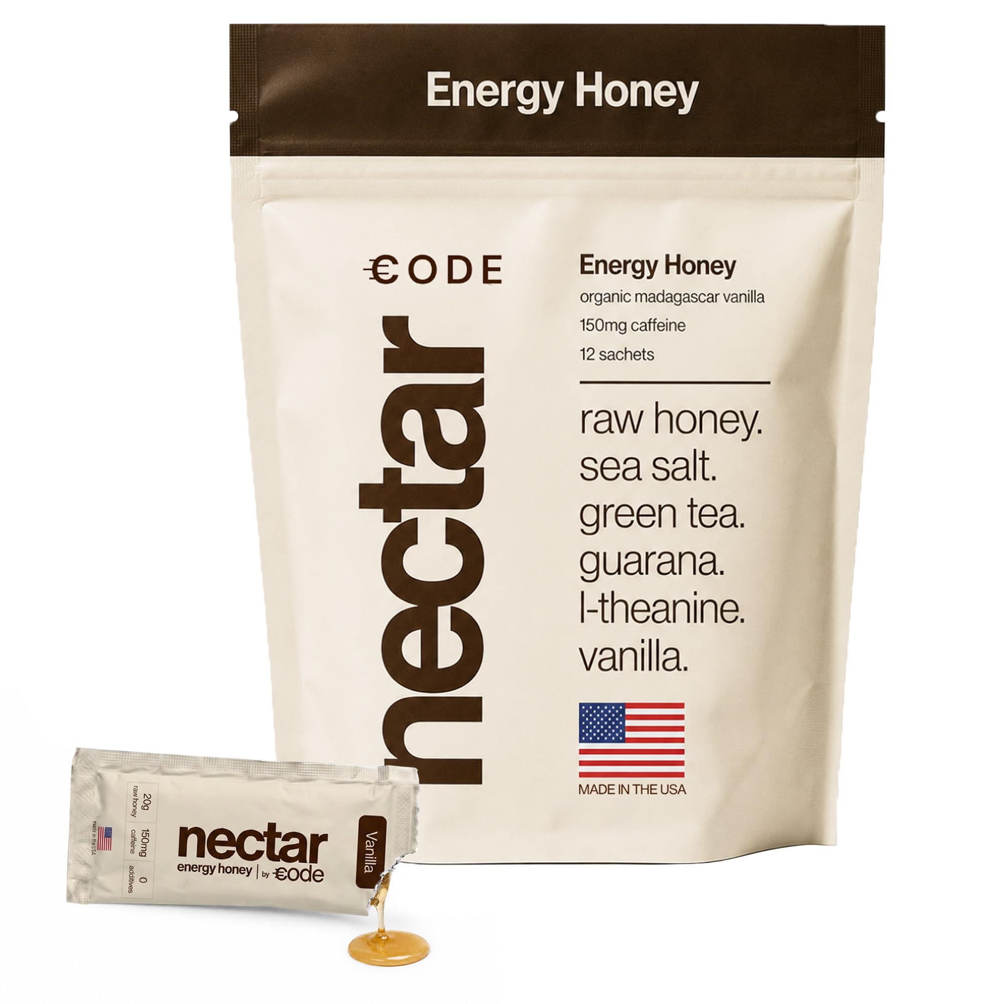 CODE Gel de Energia para Pré-treino, 150 mg de Cafeína e 100 mg de L-Teanina, 12 sachês