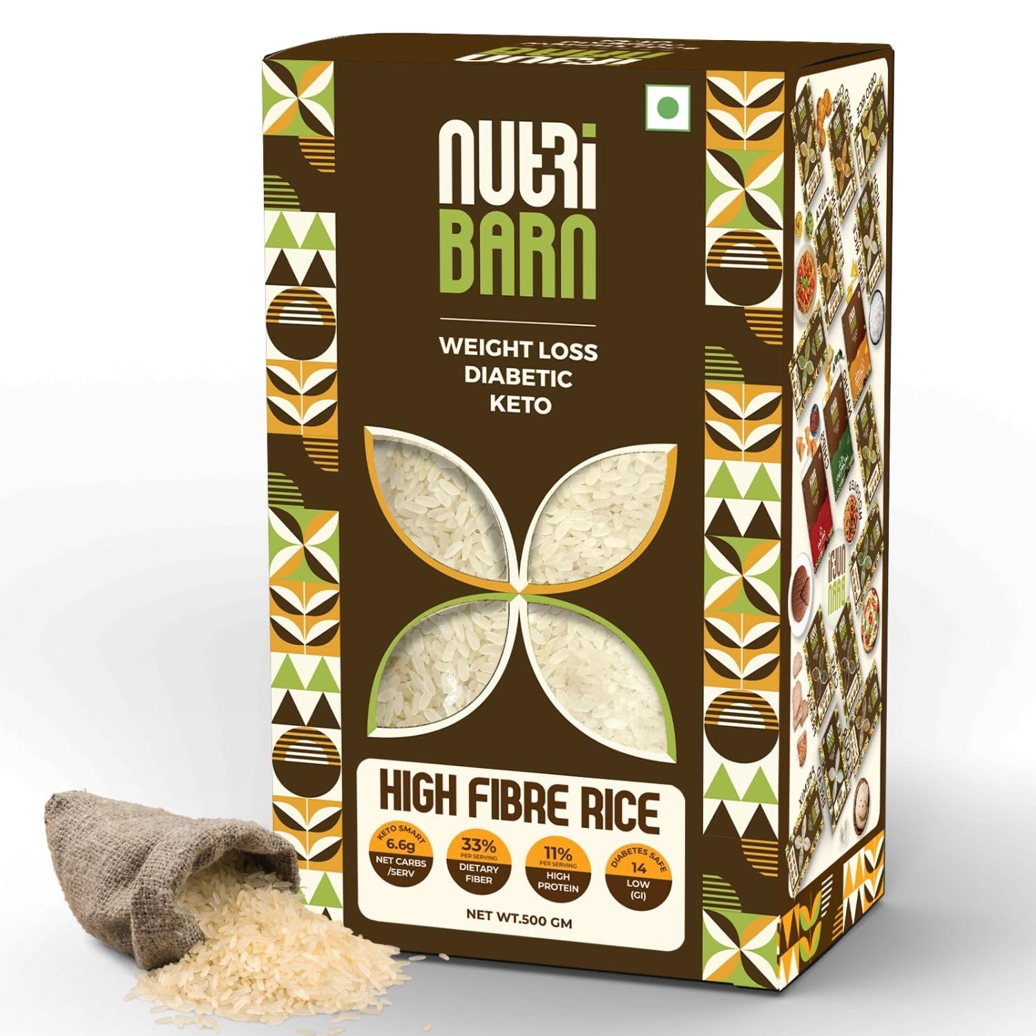 - Nutribarn High Protein Low Carb Rice 1 Kg | 11% Protein | 6.6g Net Carbs | Lab Tested Low GI 14 | Diabetic Friendly, Weight Management High Fiber Rice | 500g (Pack of 2)