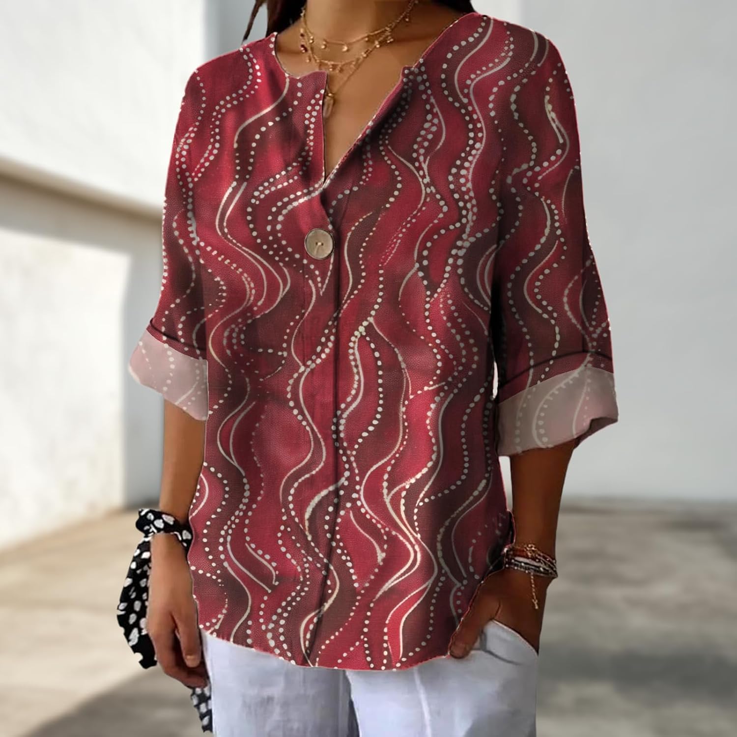 2025 Fashion Summer 3/4 Length Sleeve Womens Vintage Graphic Button Down Lightweight Loose Casual Floral Hawaiian Blouse - Image 2