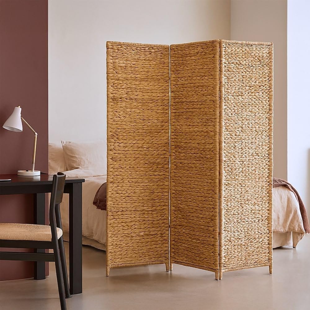 Box and beyond – Biombo interior – 117 x 160 cm – Jacinto de agua natural – 3 paneles – Trenzado apretado – Separador de habitaciones – Habitación – Sala de estar – Oficina – Estilo Bohemio