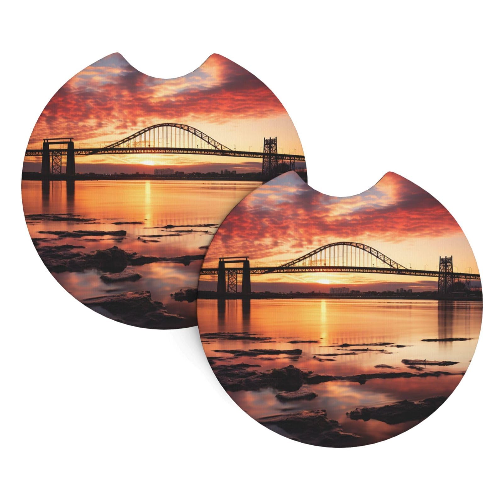 2PCS Car Coaster for Cup Holders Universal Auto Cup Mat Newark Bay Bridge and Sunset Cup Coaster Pad 2.7" Waterproof Neoprene Non-Slip Cup Holder Coasters Car Interior Accessories for Women Men