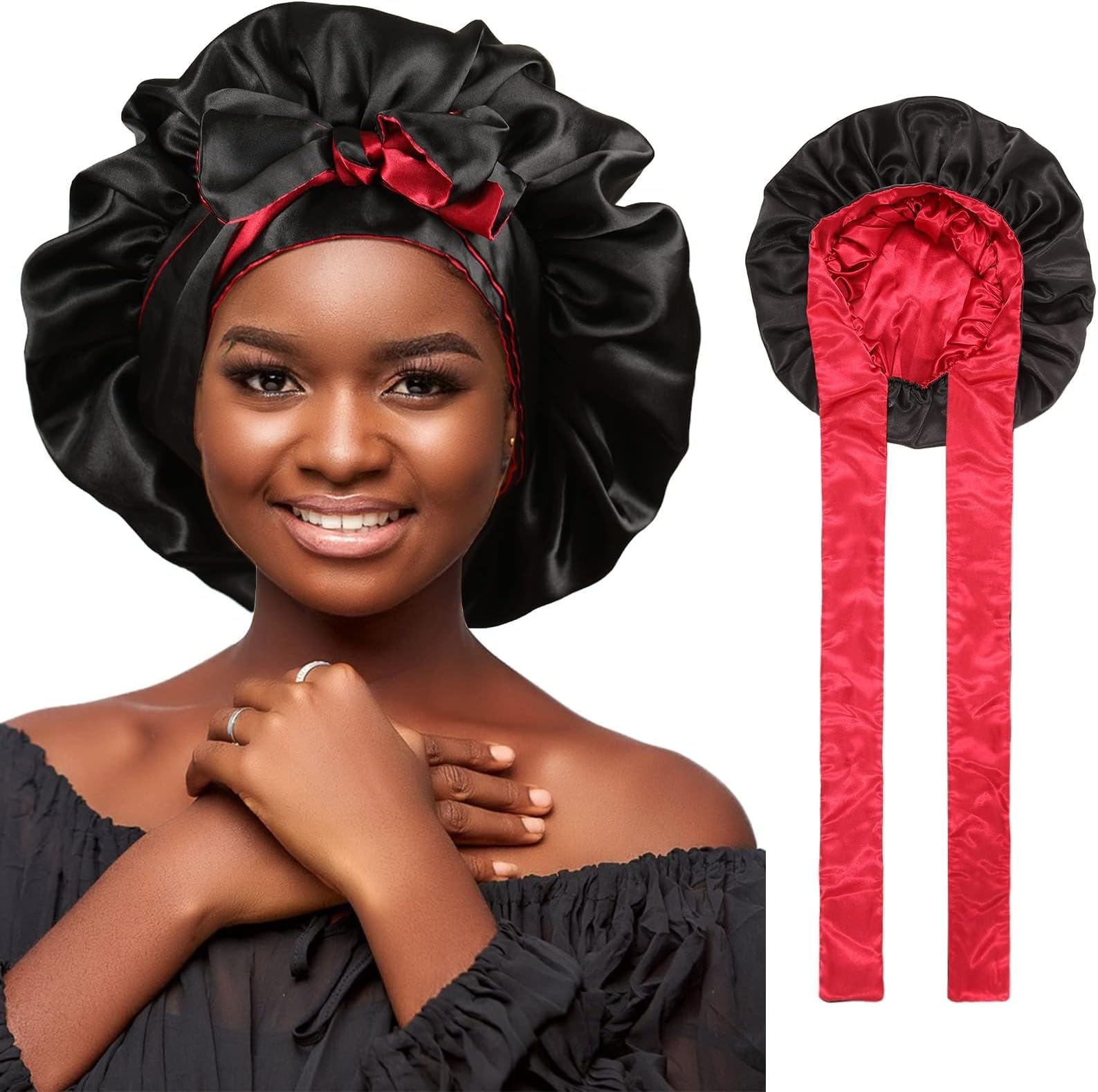 Satin Bonnet Silk Hair Bonnets for Women Curly Hair Wrap for Sleeping - Reversible With Tie Band Night Cap Double Layer for Curly Hair (Black + Red)