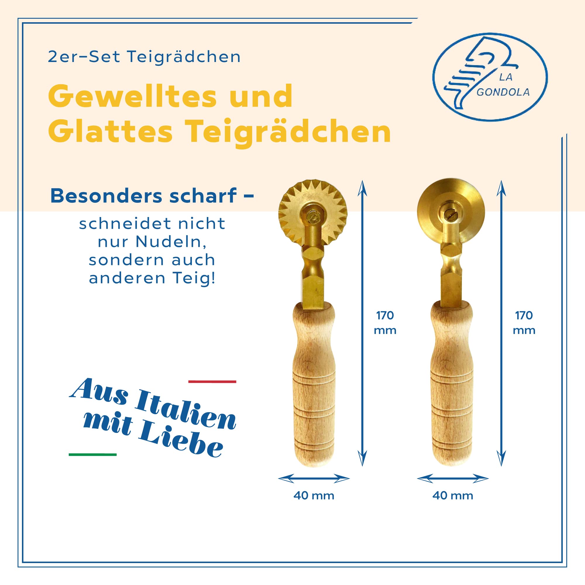 La Gondola Set mit 2 Teigrädchen - Gewelltes & Glattes Räder | Nudelwerkzeug | Messing & Naturholz | Sicheres & Einfach zu verwenden | Hausgemachten Ravioli Teigschneider Hergestellt Made in Italy
