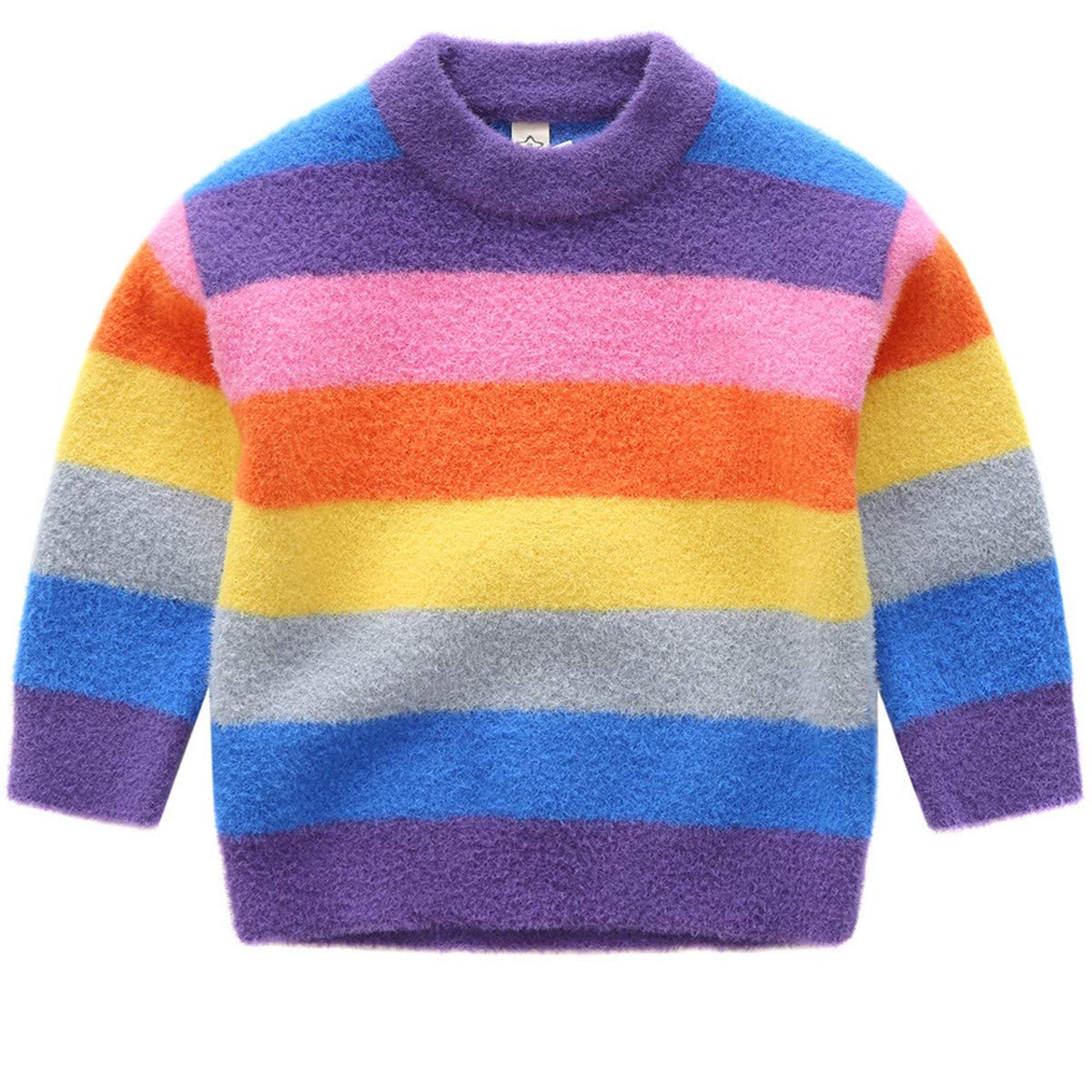 Little Kids Girls Colorful Striped Round Neck Rainbow Print Pullover Sweater Cotton Warm Sweatshirt Tops 3-4 Years