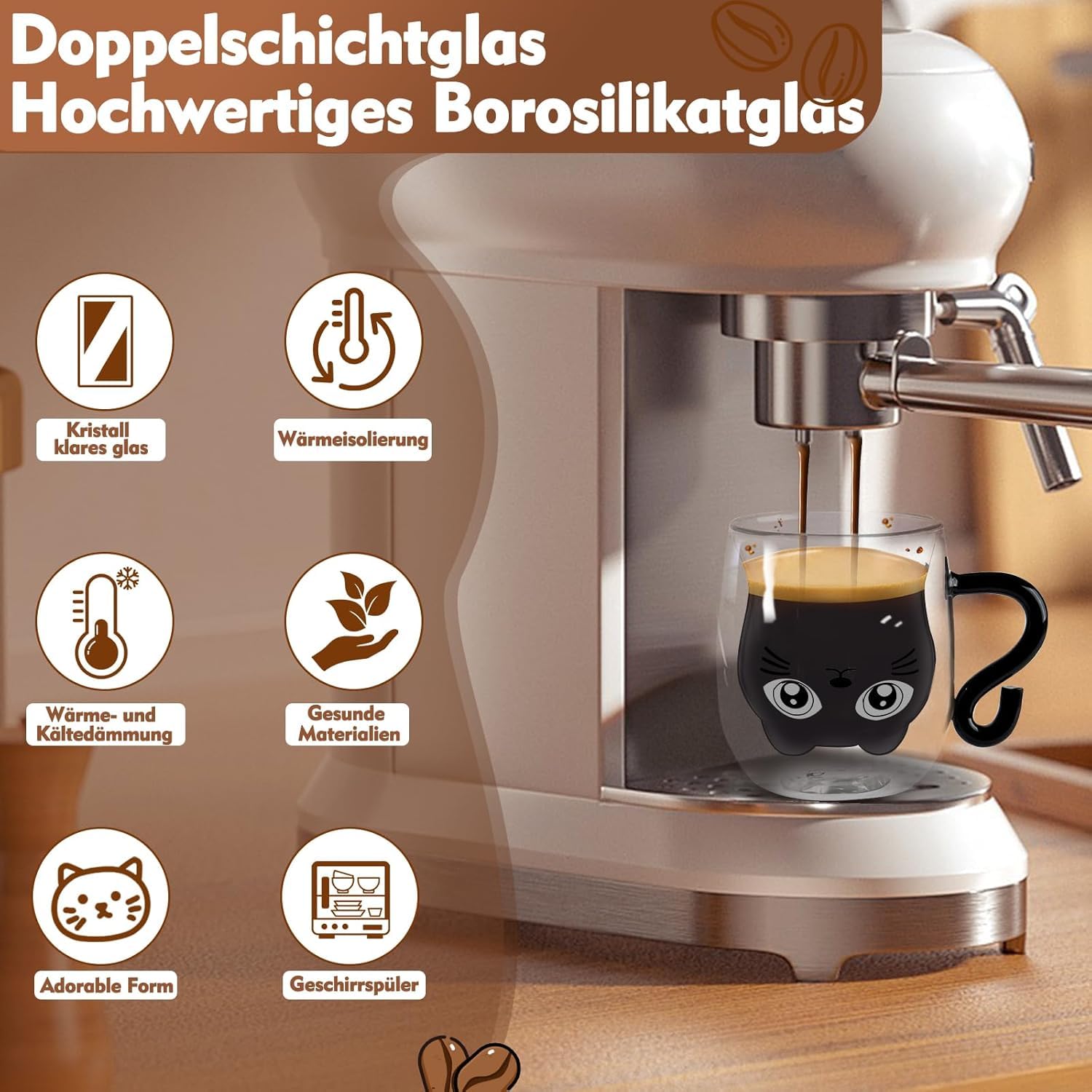 Afitdon Tazza Nera con Manico Vetro Doppia Parete con cucchiaio in acciaio inox a forma di zampa di gatto e coperchio in silicone & scheda di auguri, Tazza da Caffè di Gatto Carino per cappuccino