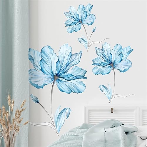 Calcomanías de pared con diseño de flores de color azul claro, diseño de peonía de loto de sacinora para bricolaje, calcomanías de pared de vinilo