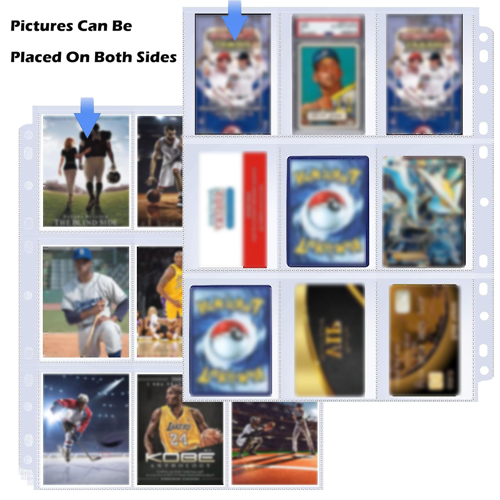 Hikrxya 900 Pockets Trading Card Covers Transparent, 50 Sheets Double Side 9-Pocket Blank Scrapbook Game Card Folders Card Sleeves Bags Trading Cards Films for A4 Ring Binder, Sports Football Cards - Image 3