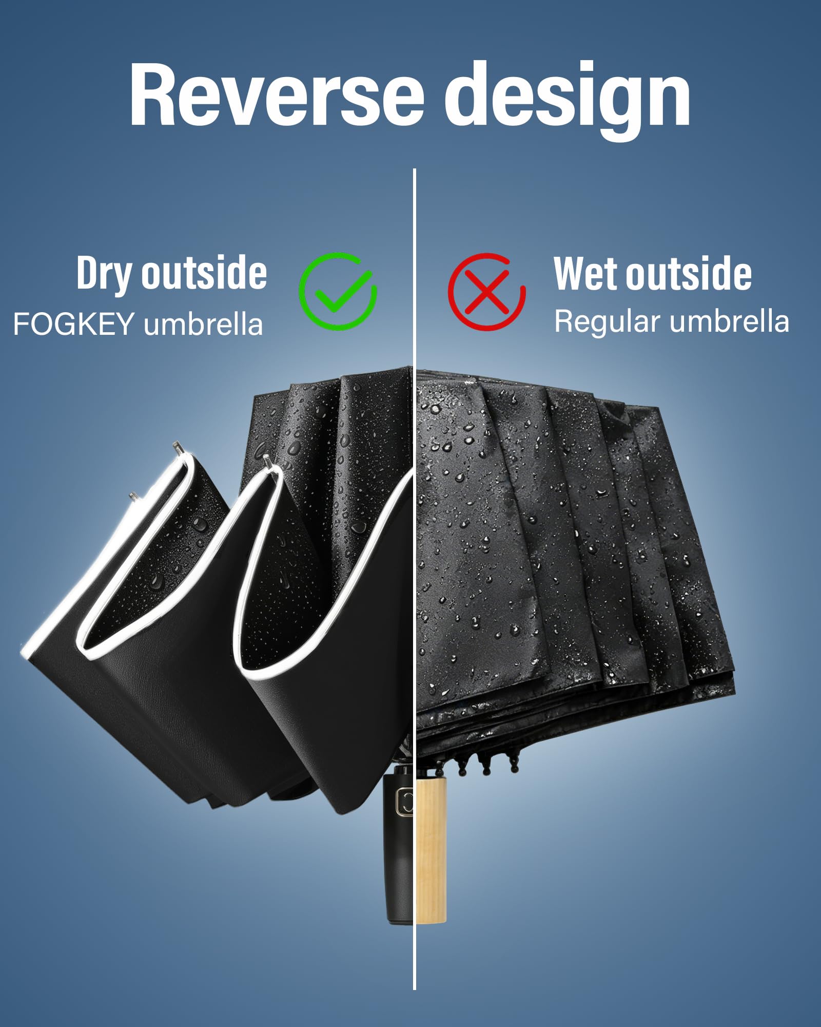 Fogkey Großer winddichter Reise-Regenschirm, tragbar, umgekehrter faltbarer Autoschirm, kompaktes umgekehrtes Design mit wasserdichtem Baldachin, automatisch, 10 robuste Rippen, 114 cm, passend für