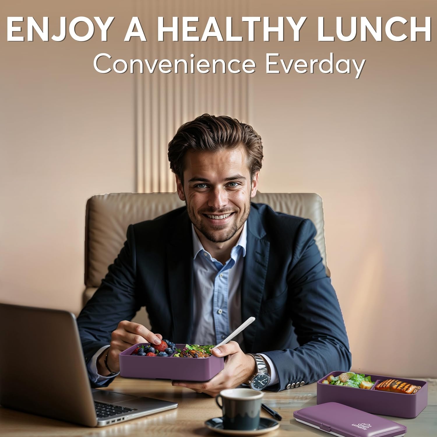 Umami Bento Box Adult All-In-1 w/4 Utensils, 2 Sauce Jars, 2 Dividers, 100% Leakproof, Microwave & Dishwasher Safe, Stackable Bento Lunch Box Containers for Men/Women, Royal Purple, 40 oz - Image 6