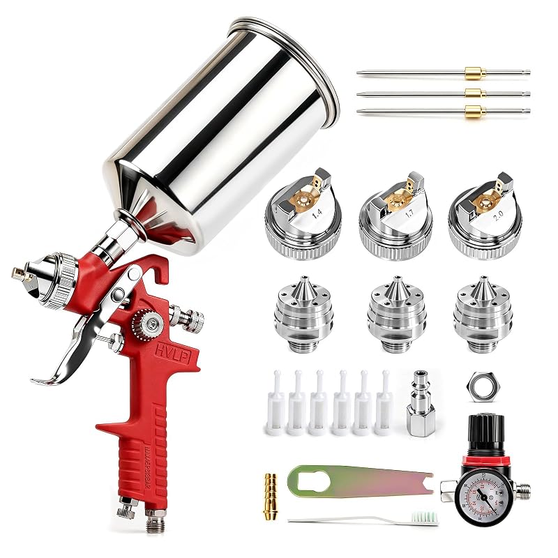 Pistola de Pintura HVLP AICARS H827 com Bicos de 1,4 mm, 1,7 mm e 2,0 mm, Vermelha