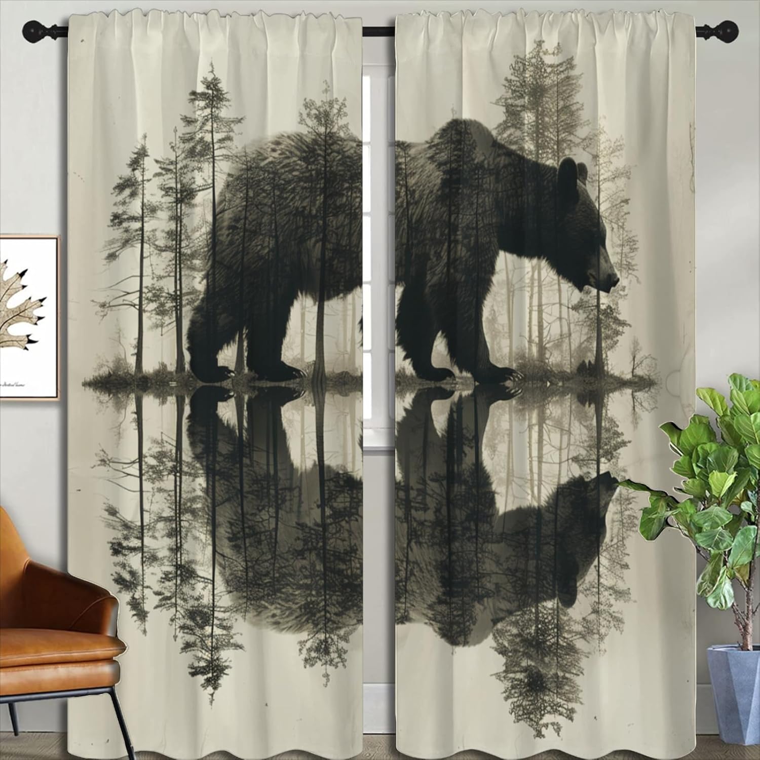 Bear Blackout Curtains for Boys Girl Bedroom Home Decor, Wildlife Forest Reflection Abstract Art Gray Background Thermal Insulated Rod Pocket Darkening Living Room Window Drapes, 84 x 63 inch
