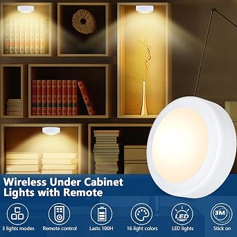 Yiliaw 3 Pack LED Puck Lights Remote Control 16 Color Changeable Under Cabinet Lights, Battery Operated Lights Night Light with Dimmer & Timmer for Closet Bedroom Kitchen, White