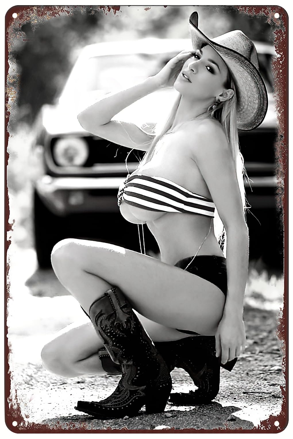 Sexy Cowgirl Car Metal Poster Hot Woman Cowboy Hat Tin Sign Wall Art Decor Plaque for Home Bar Club Bathroom Man Cave Garage 8x12 inch