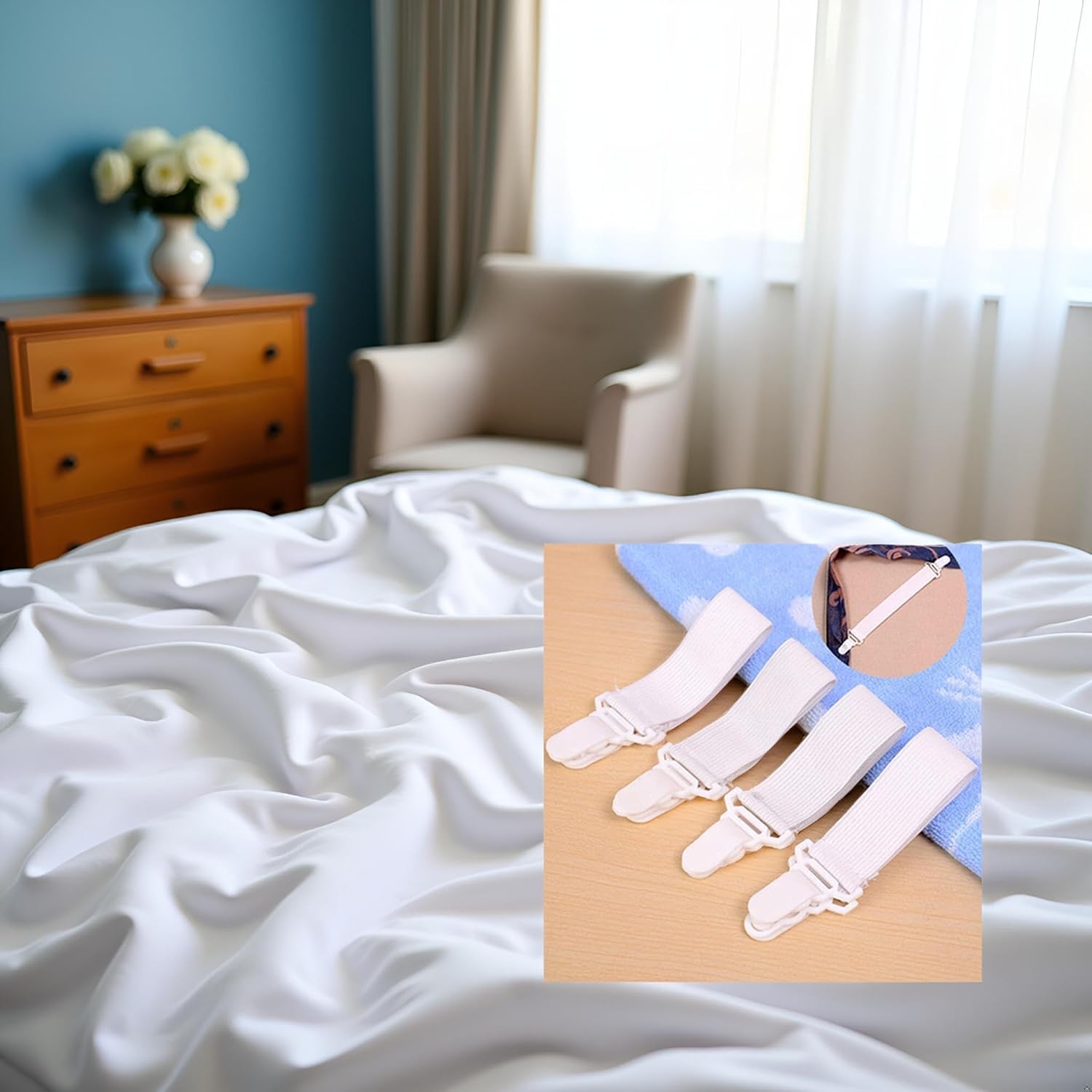 Bed Sheet Straps, Grippers to Hold Sheet, Elastic Mattress Sheet Fasteners Holder and Suspenders, Mattress, Sofa, Couch, Table Cloth, Recliner Ironing Board for Twin Queen King Mattress White