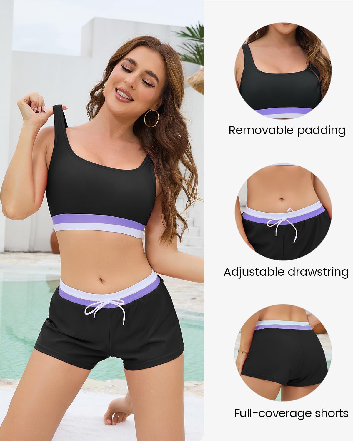 Cromi Women Two Piece Athletic Swimsuits, High Waisted Bikini Set Sporty Crop Top with Boy Shorts Bathing Suits for Teen - Image 4