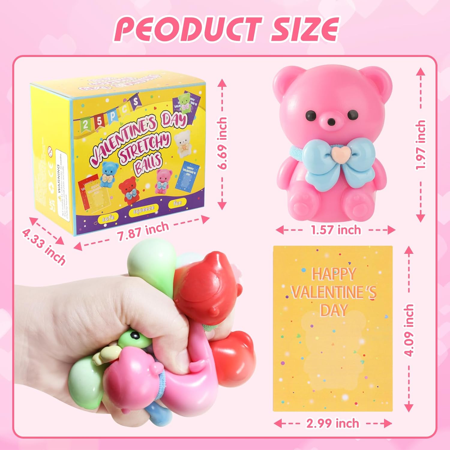 25 Pack Valentines Day Stress Balls Set - Valentine Gift Exchange Squeeze Relief Balls Fidget Stretchy Toys, Cute Bear Squishy Toys, Complete Classroom Exchange Kit, Sensory Fidget Toys for Kids - Image 3
