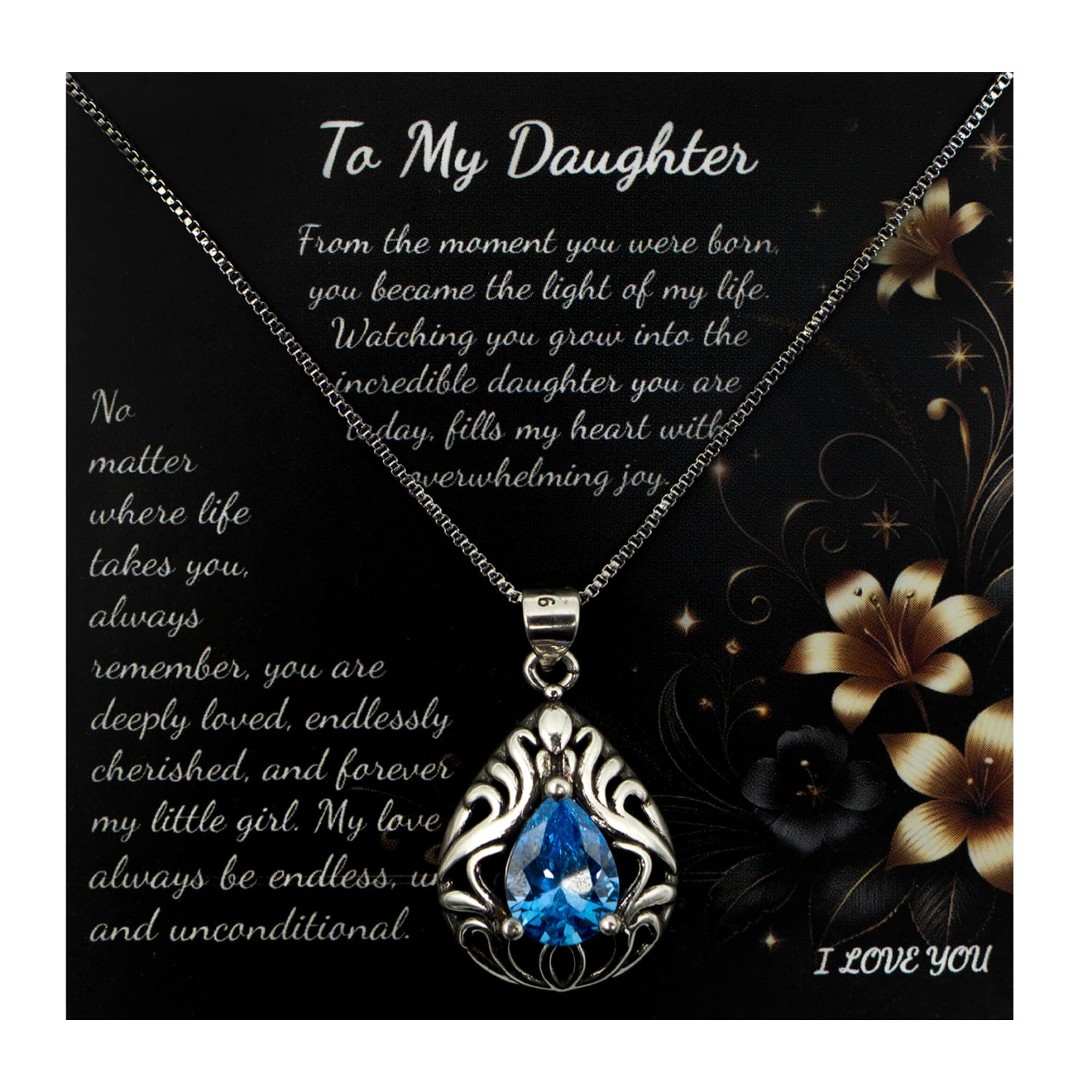 To My Daughter Necklace and Message Card, Elegant Aquamarine Cubic Zirconia, 18k White Gold Plated Pendant, I Love You Gift for Birthday, Christmas,