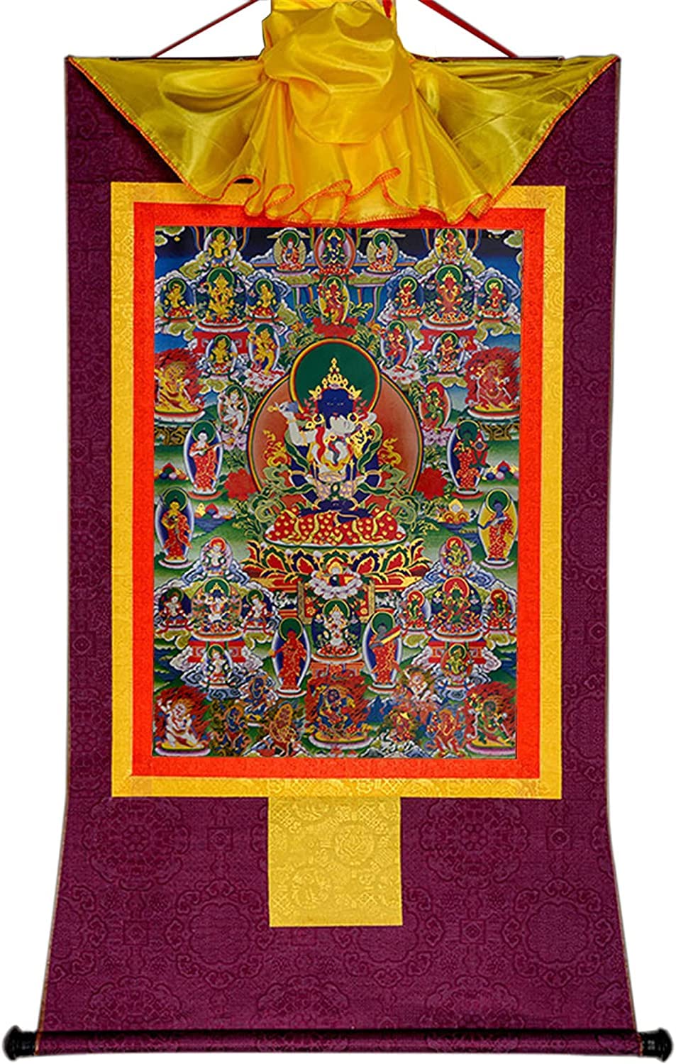 Silk Scroll Painting， 42 Silent Deities of the Bardo Thodol, Buddhist Thangka Brocade(Purple,Small(35cm*27cm))