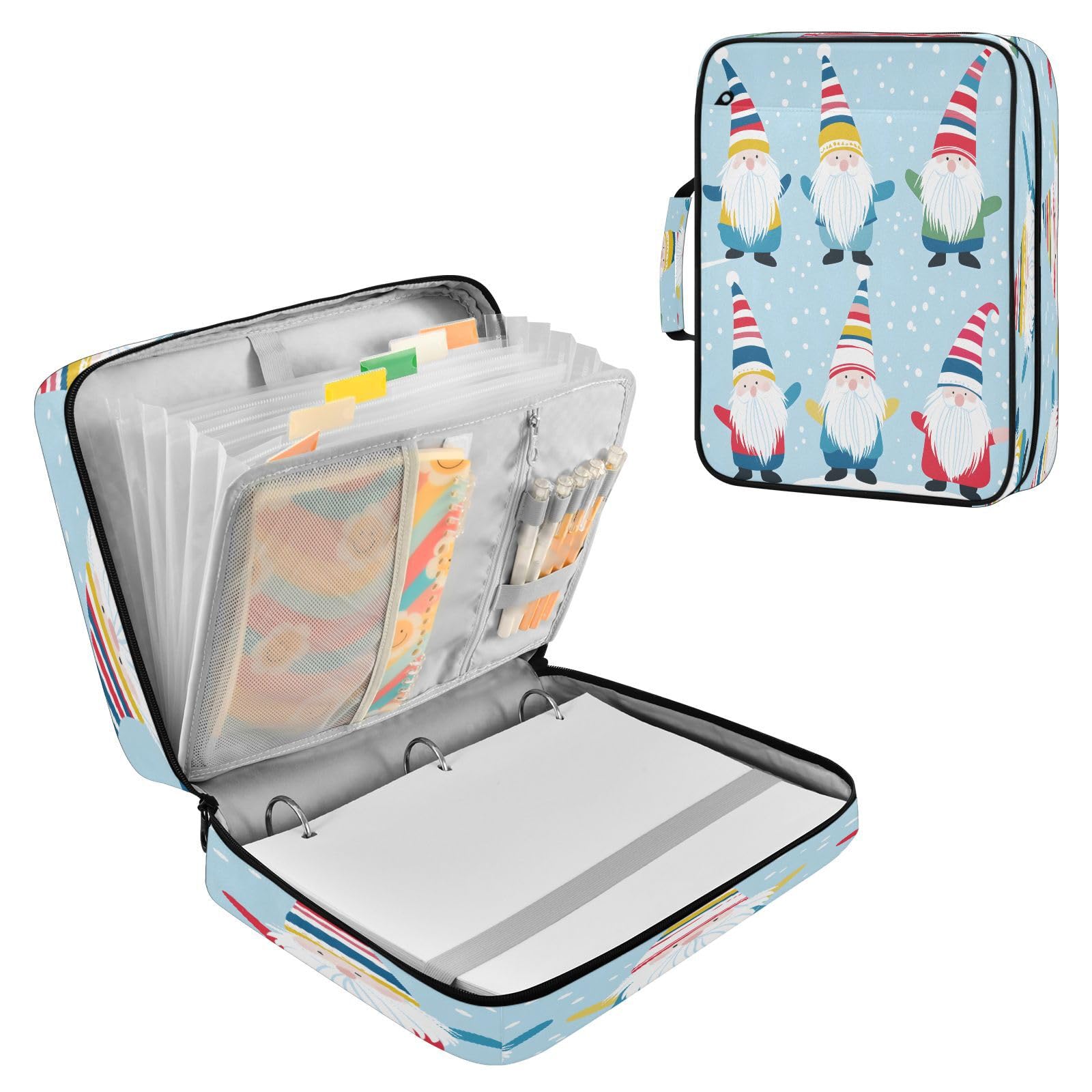 Raccoglitore espandibile a 3 anelli, con gnomo natalizio e neve, con 7 tasche, per scuola, ufficio, viaggi