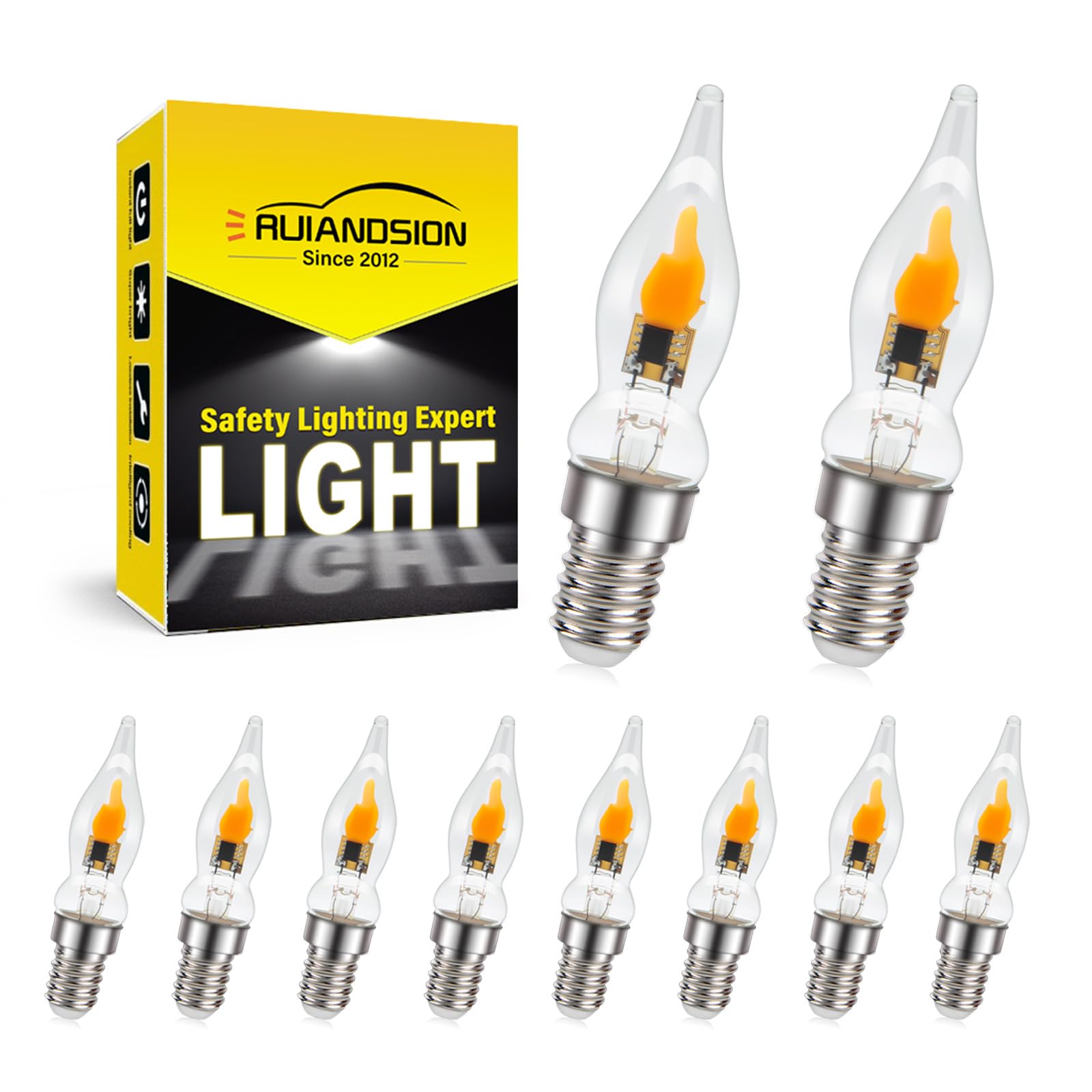 Ruiandsion Lampadine LED E14 Effetto Fiamma Tremolante 0,5W CA18, Bagliore Ambrato Caldo 1800K, 220-240V Non Dimmerabile per Lampadari, Parete, Casa, Feste e Natale (10 PZ)