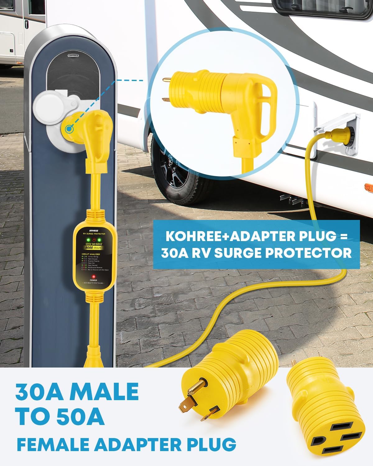 KOHREE 50 Amp to 30 Amp RV Adapter with Surge Protection, 8000 Joules with 30 Amp to 50 Amp Adapter Plug, Circuit Analyzer Surge Protector for Camper Travel Trailer