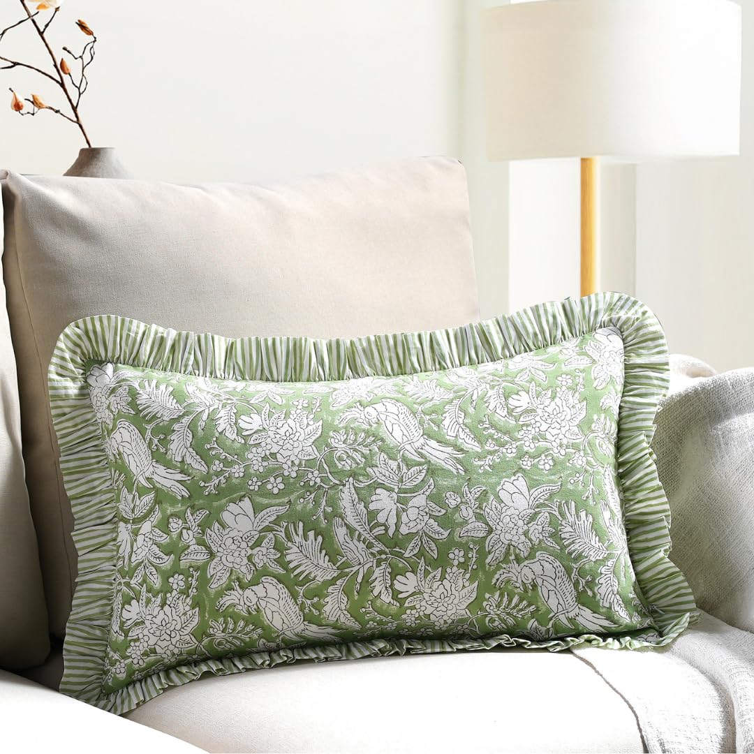 CPC Olive Green 100% Cotton Block Print Ruffle Sham Cover 12x20 inch, Handmade Boho Floral Pillowcase, Farmhouse Cottagecore Bedding, Soft Decorative Cushion Cover for Bedroom Décor