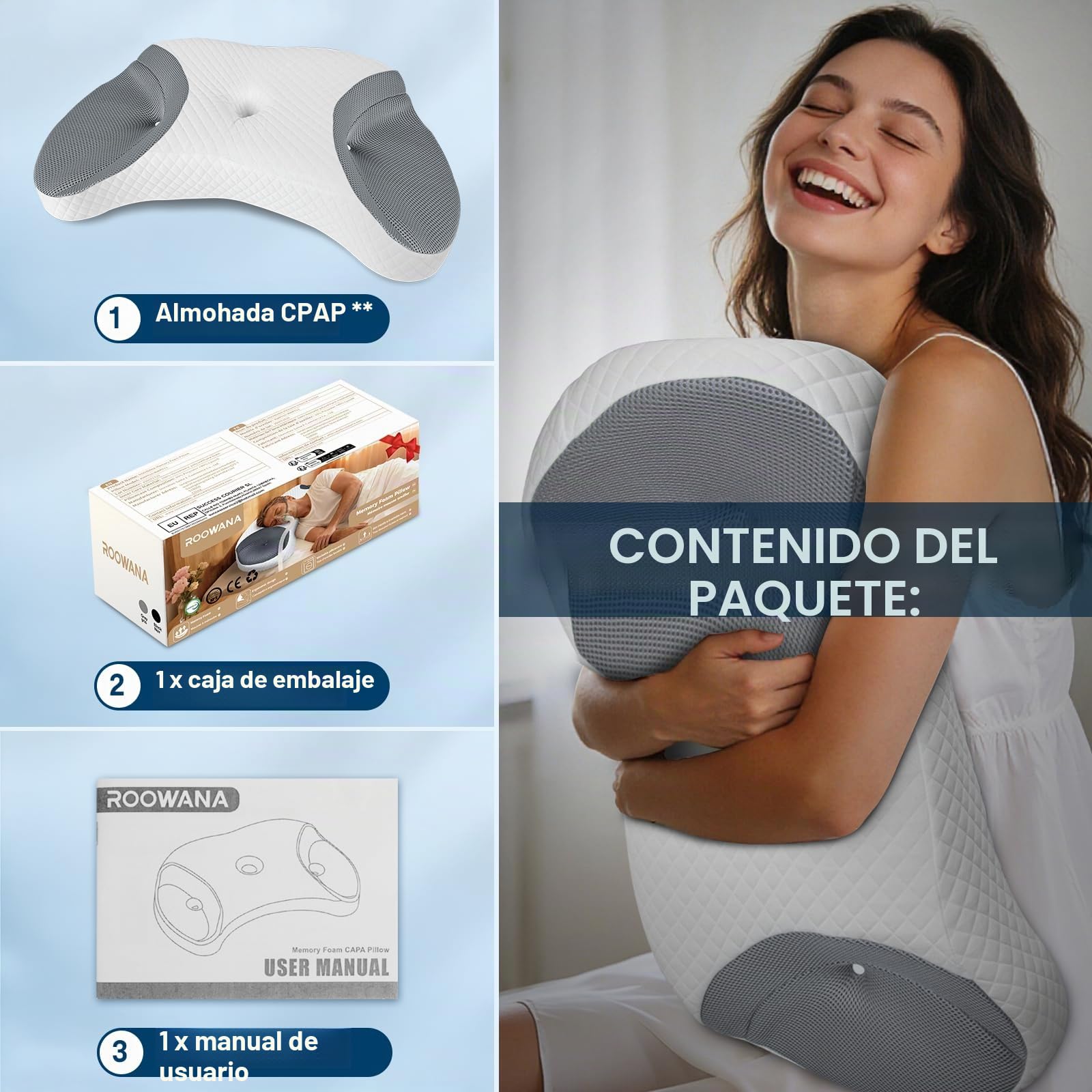 Almohada CPAP para Dormidores de Lado, Gris, 70x40x10/12.5cm | Reduce Fugas de Aire y Presión de la Máscara, Almohada de Memory Foam Premium para Máscaras CPAP, para Todas Posiciones