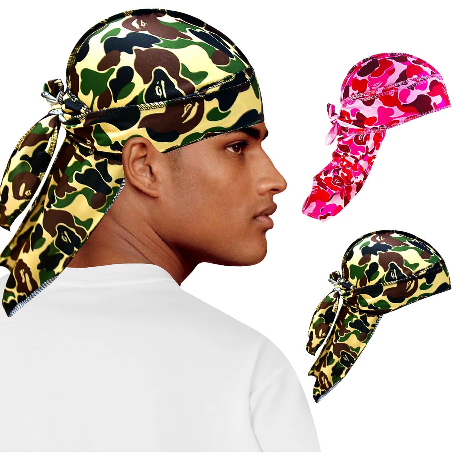 Durag for Men Designer Durag Silky Camouflage Cap Rags Hip Hop Turban Man Doorag Hair Wrap for Sleeping Dorag, 2Pcs