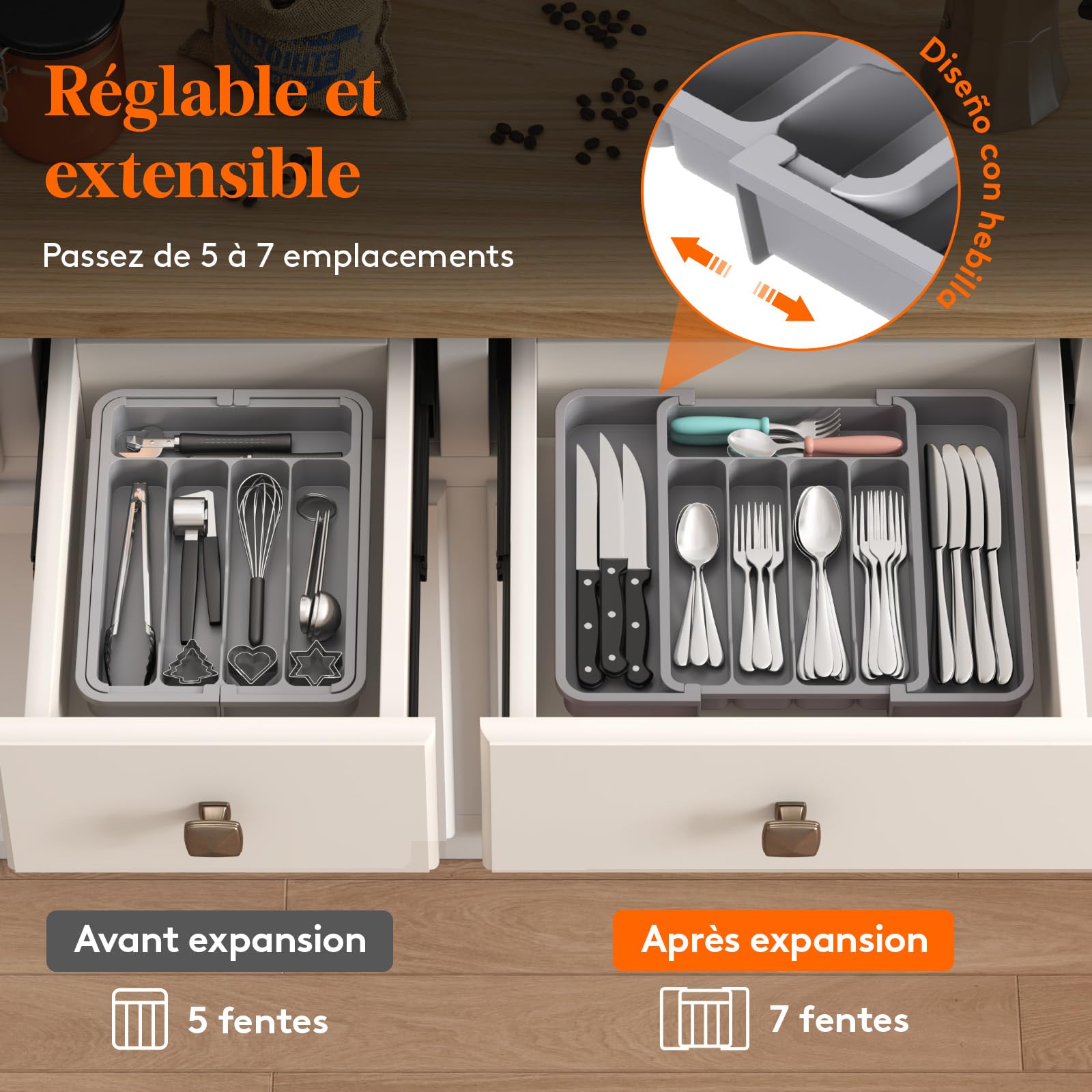 Lifewit Organisateur De Tiroir à Couverts Extensible - 5 à 7 Compartiments - Noir - PP Sans BPA