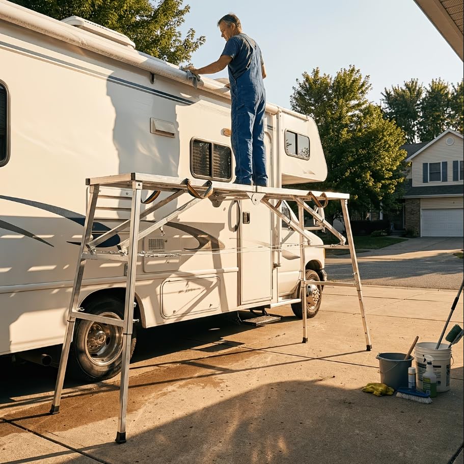 Image of Portable Folding Scaffold Work Platform, Height Adjustable Carbon Steel Step Bench, 400KG Load Capacity, Multifunctional Ladder Stool for Car Washing Painting RV Cleaning (140cm)
