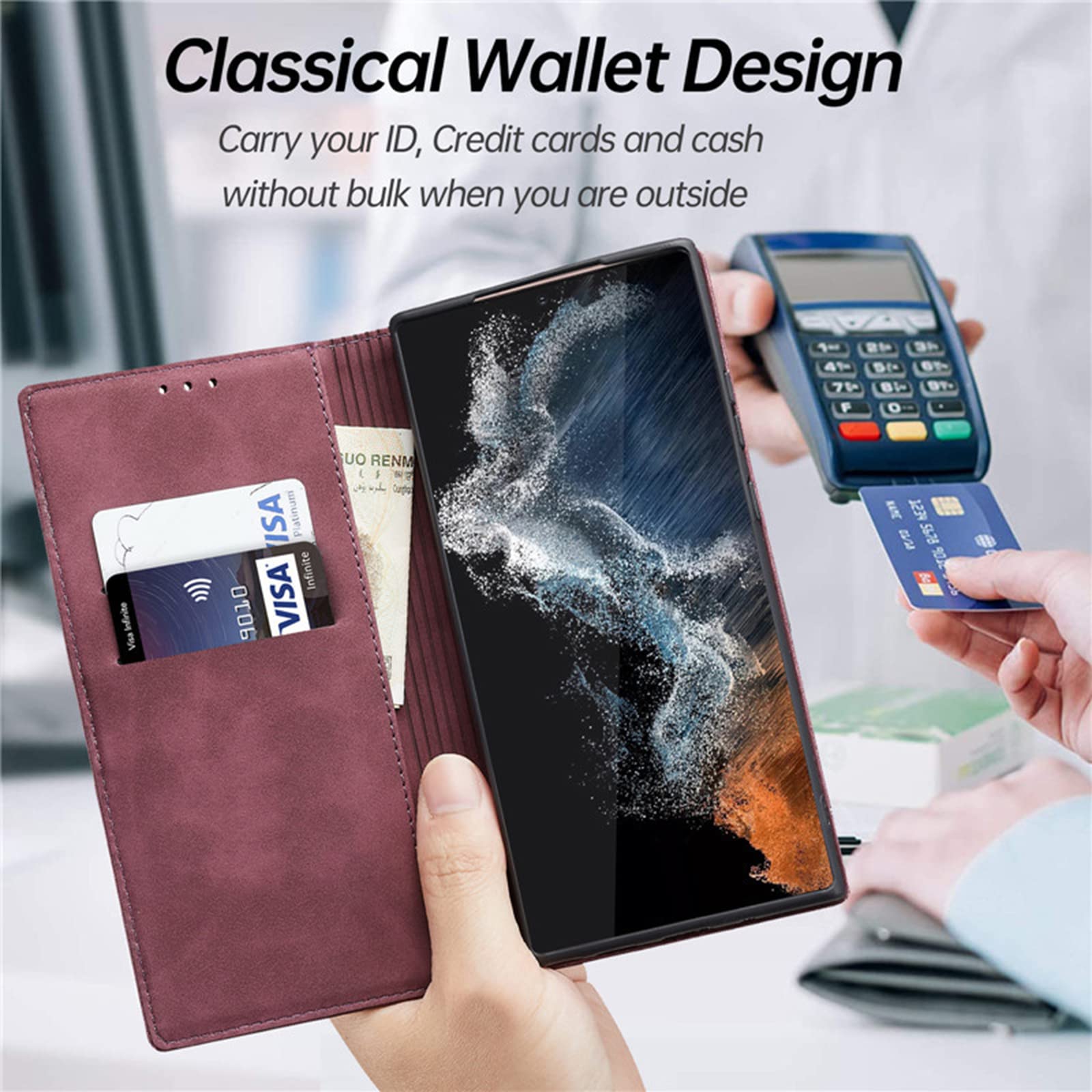 Etui do Samsung Galaxy S22/S22 Plus/S22 Ultra, skórzany portfel etui z przegródką na karty gotówkę magnetyczne zamknięcie etui z klapką na telefon, czerwony, S22 6"