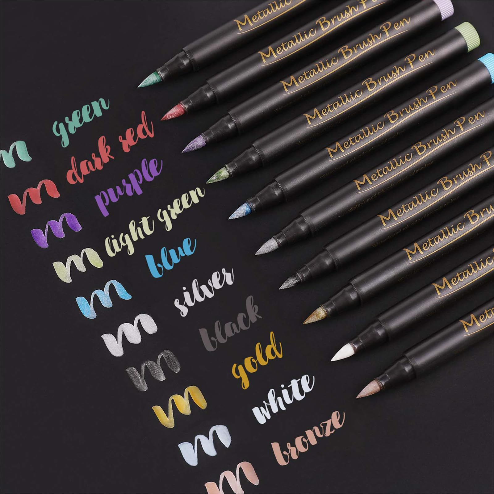 X springMetallic Brush Marker Pens, 10 Colors Metallic Marker Pens Brush Tip Shimmer Markers Pens, Metallic Pens Art Markers for Calligraphy, Brush Lettering, Black Paper, Rock Painting, Card Making