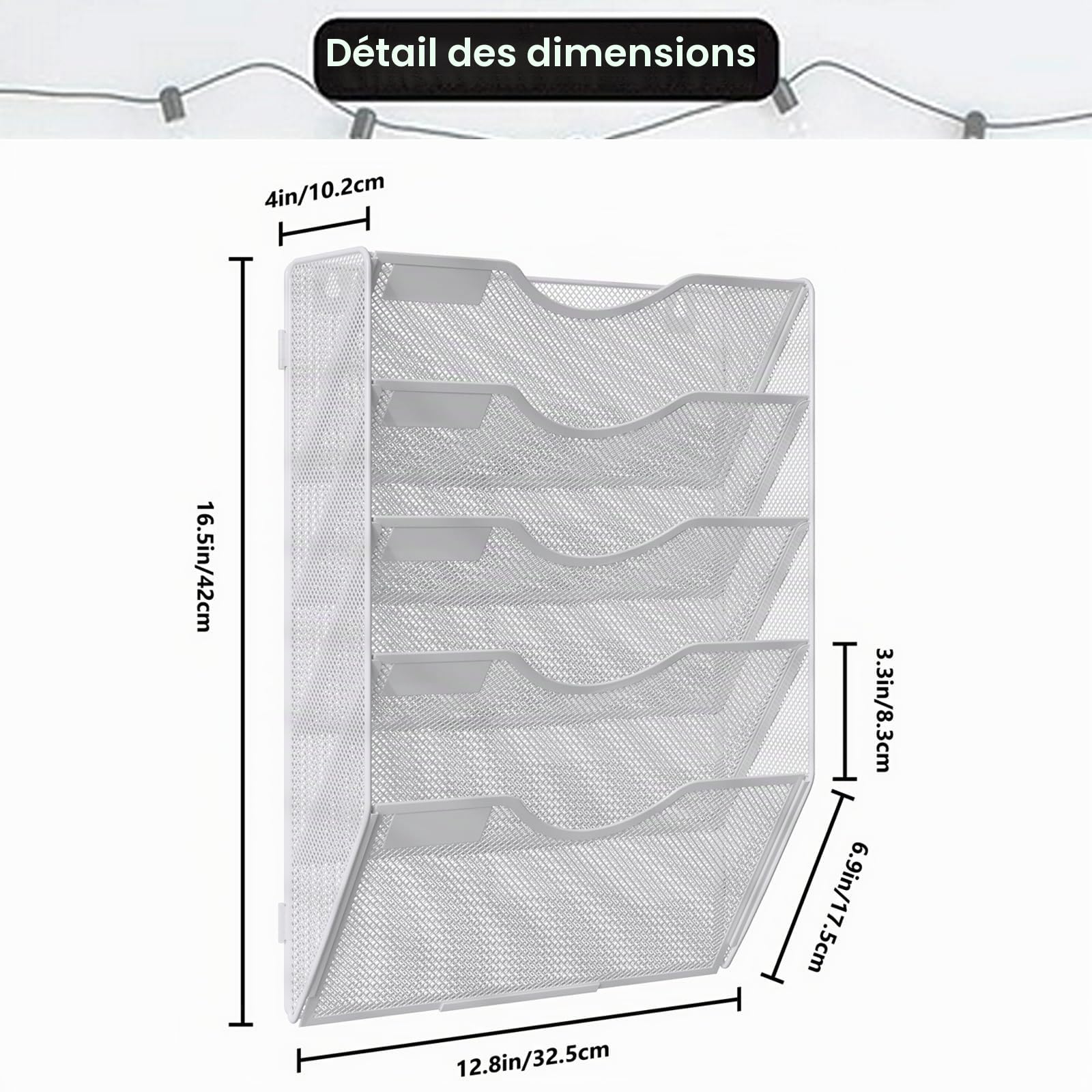 TQVAI 5 Compartiments Porte Revue Mural Métal Rangement Document Papier A4 Dossier Papeterie Organisateur Mural pour Bureau, Maison, École, Blanc
