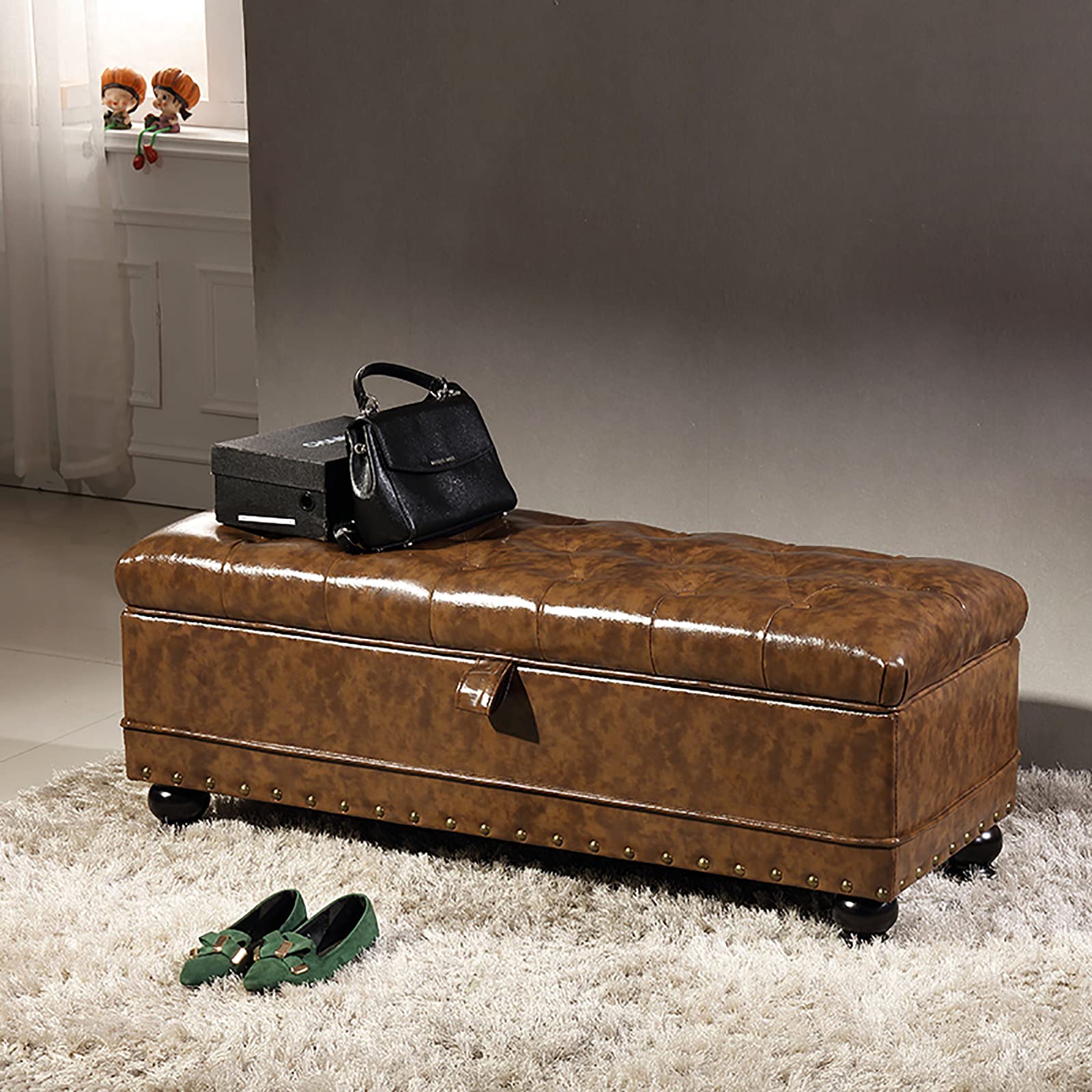 Banc de rangement ottoman en cuir PU épais au design raffiné pour chambre moderne