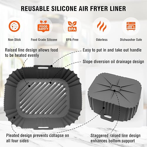 Miniatura 9 de Forro de silicona plegable para freidora de aire de 6 a 7 cuartos de galón de doble cesta, cesta antiadherente para freidora de aire, sartén