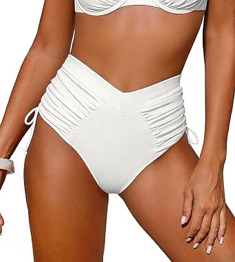 Leoparts Womens V Cut Bikini Bottoms Ruched Tummy Control Bathing Suit Bottom High Cut Drawstring Swimsuit Brief