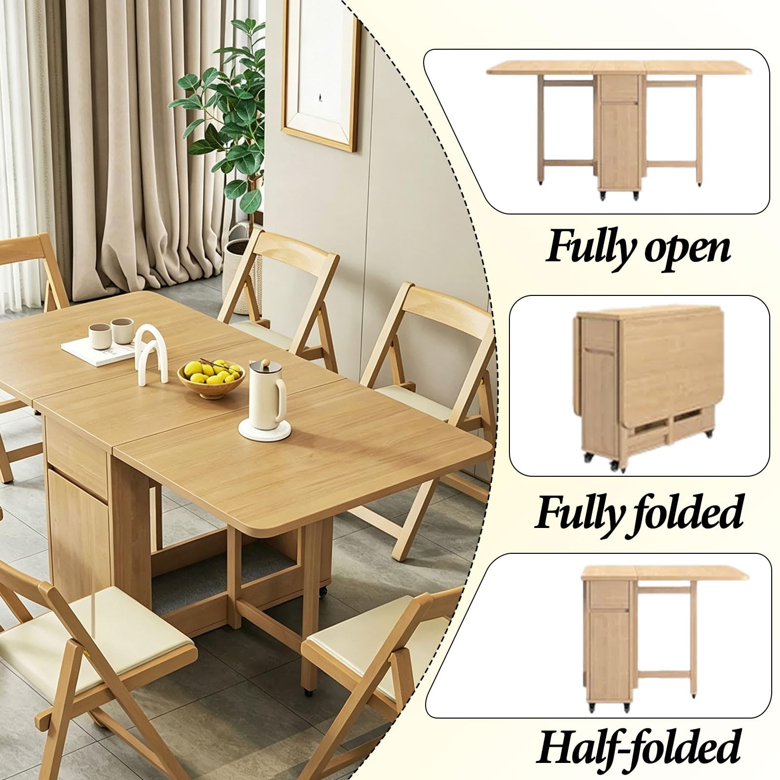 Mesa de Cocina Plegable de Madera Maciza Estilo Rústico | Móvil, Sin Necesidad de Montaje, Ahorra Espacio