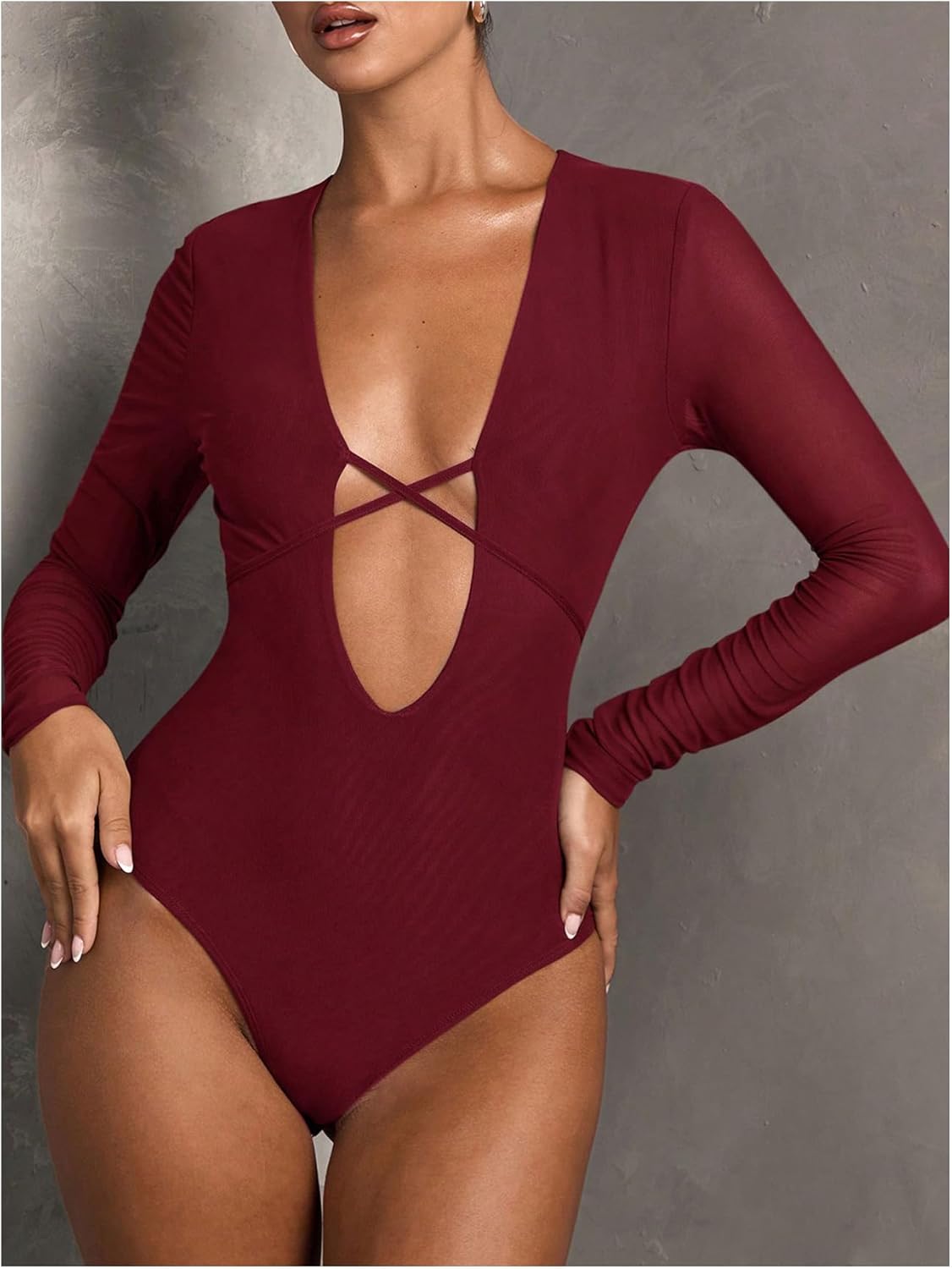 SOLY HUX Women's Deep V Neck Long Sleeve Bodysuits One Piece Leotard Party Tee Tops - Image 4