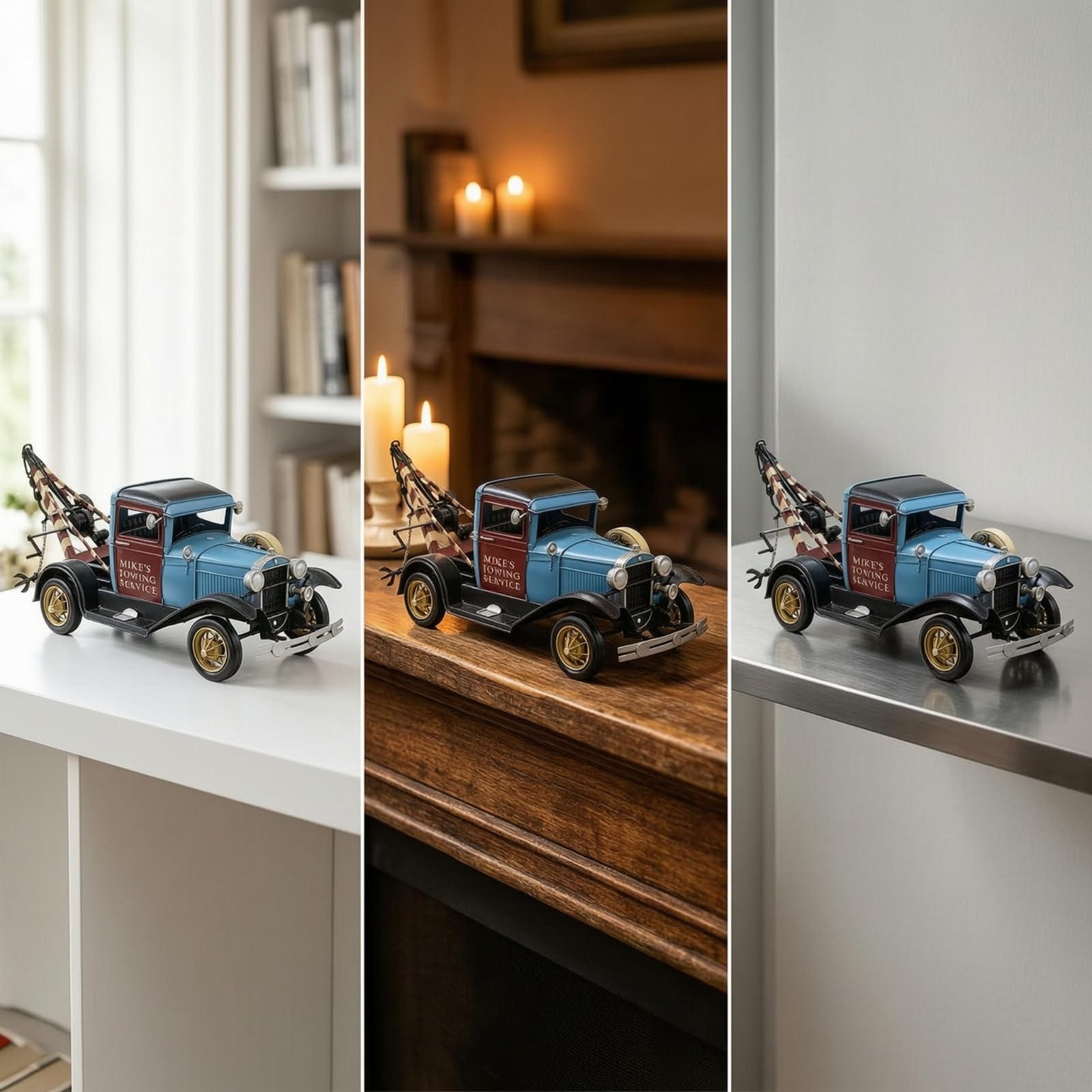 Vintage Vehicle Carro Attrezzi d'Epoca Modello Camion Traino Miniatura Auto Classica Metallo Artigianale Ferro Dettagli Striati Barra di Traino Adatto