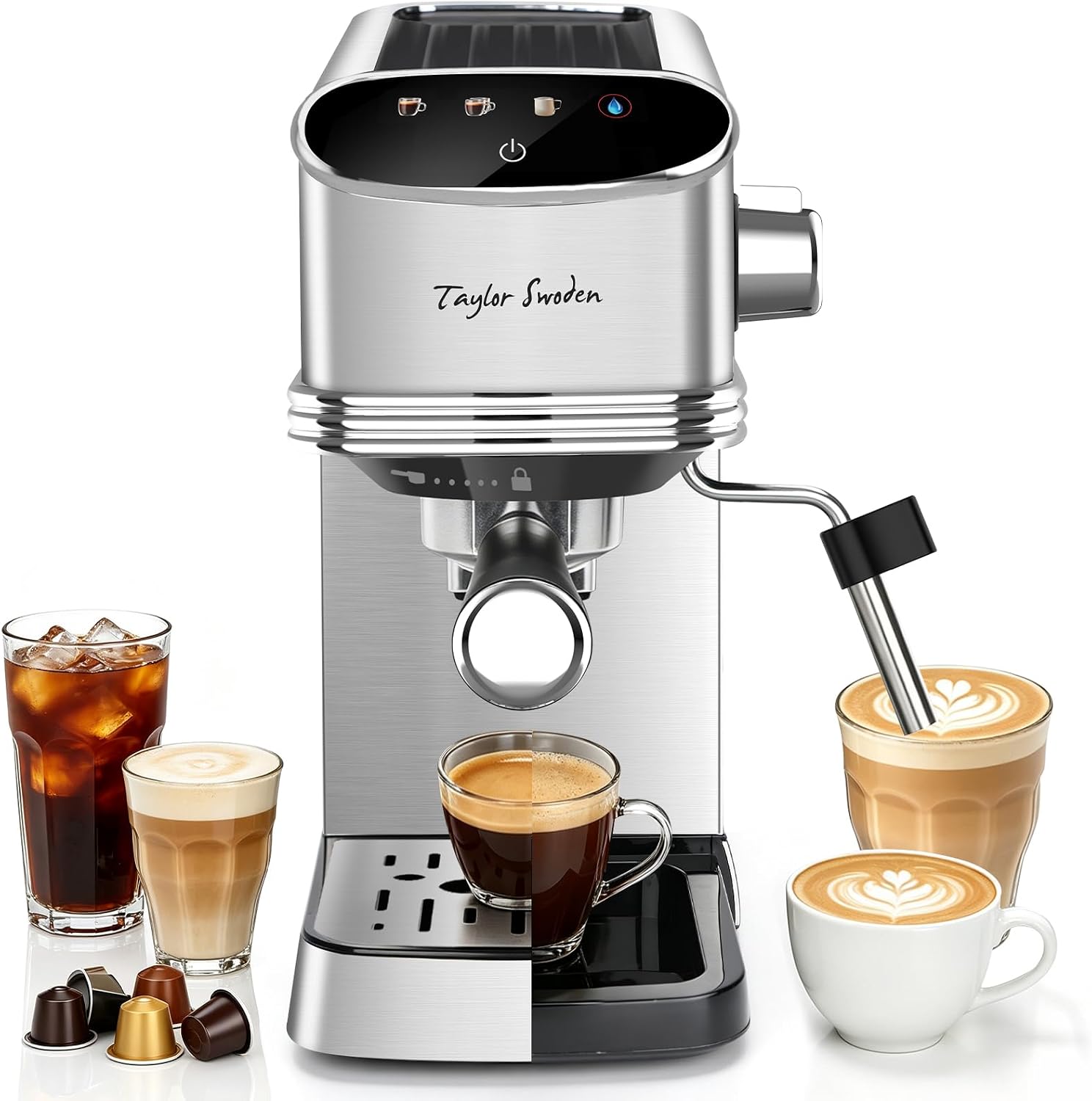 Taylor Swoden Siebträgermaschine 20 Bar für Pulver & Kapseln, Touch-Display | 2 in 1 Espressomaschine Milchaufschäumer, Kompakte Edelstahl Kapsel Kaffeemaschine mit 1,35L Tank für Küche / Büro / Geschenk