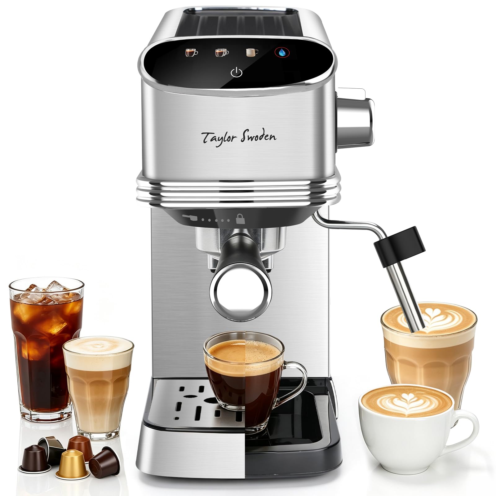 Taylor Swoden Cafetera Espresso 20 Bares, 1450w para Café y Cápsulas, Inox | Función Memoria, LED Touch Pantalla, Agua Caliente, Autolimpieza y Diseño Compacto, Depósito de 1.3 L, Cafetera Capsulas