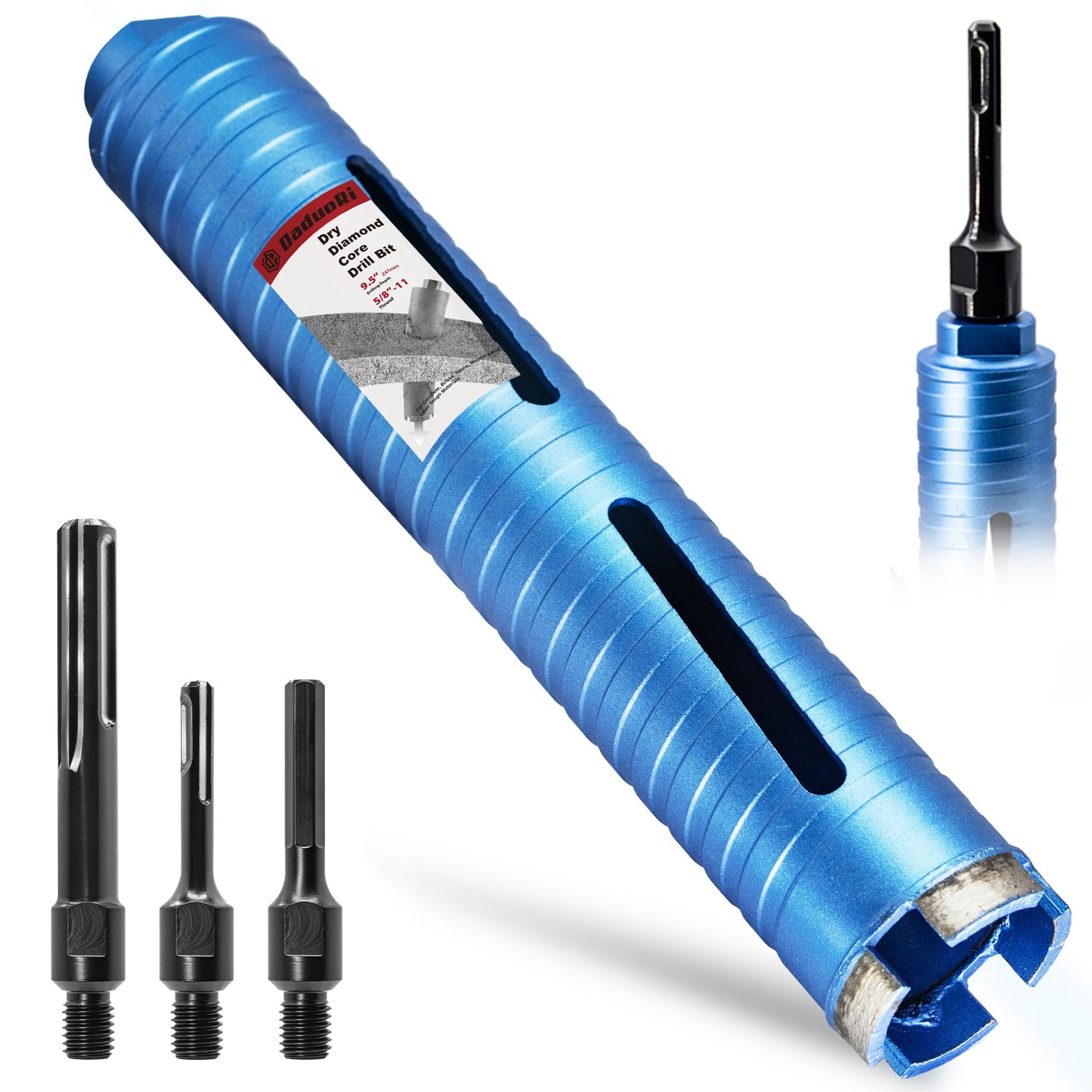 DaduoRi 2 1/4" Dry Core Drill Bit, 5/8"-11 Thread, with 3 Adapters Included: SDS Plus, SDS Max and 1/2" Hex Shank; 9.5" Drilling Depth Diamond Core