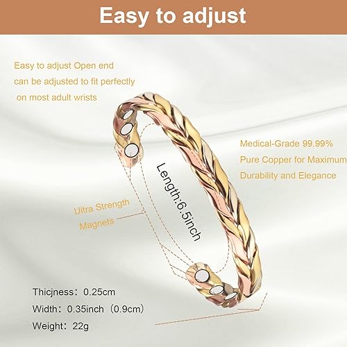 Miniatura 2 de Pulseras de cobre para mujer para artritis y articulaciones, 6.5 pulgadas, cobre puro, tres colores, trenzada, pulsera de terapia magnética, joyería