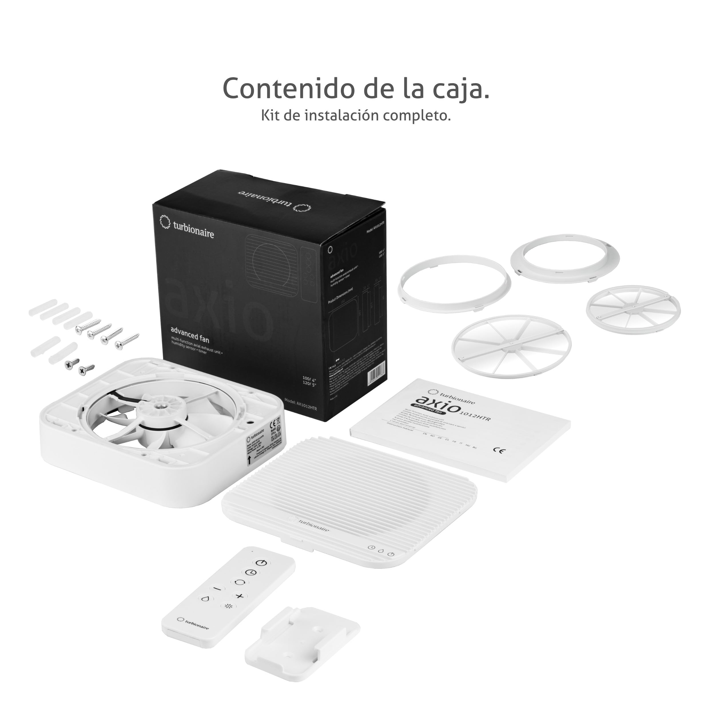 Turbionaire Axio 1012 HTR Extractor de baño, Sensor de humedad, 8 velocidades, Temporizador, Mando a distancia, Conexiones y válvula antirretorno de 100 mm/120 mm incluidas, 9.2W, 161 m³/h, Blanco