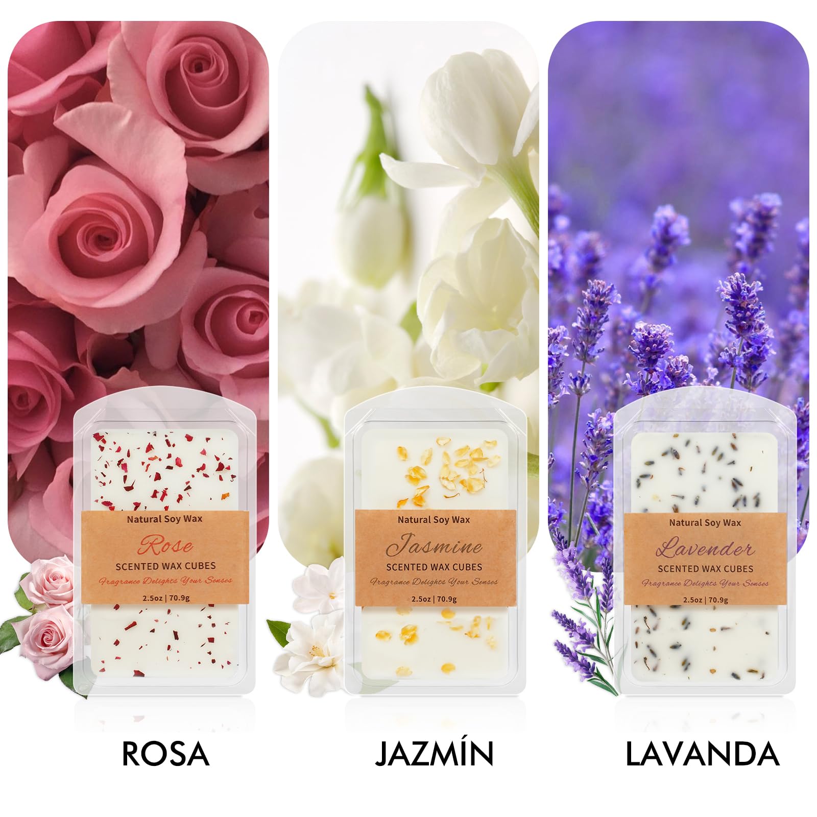 SCENTORINI Cera Perfumada, Cubos De Cera Perfumada para el Hogar, Cera Aromática de Soja, 3 Aromas Rosa, Lavanda y Jazmín, Fragancia de Habitación, Interior, Hogar, Habitación, Baño