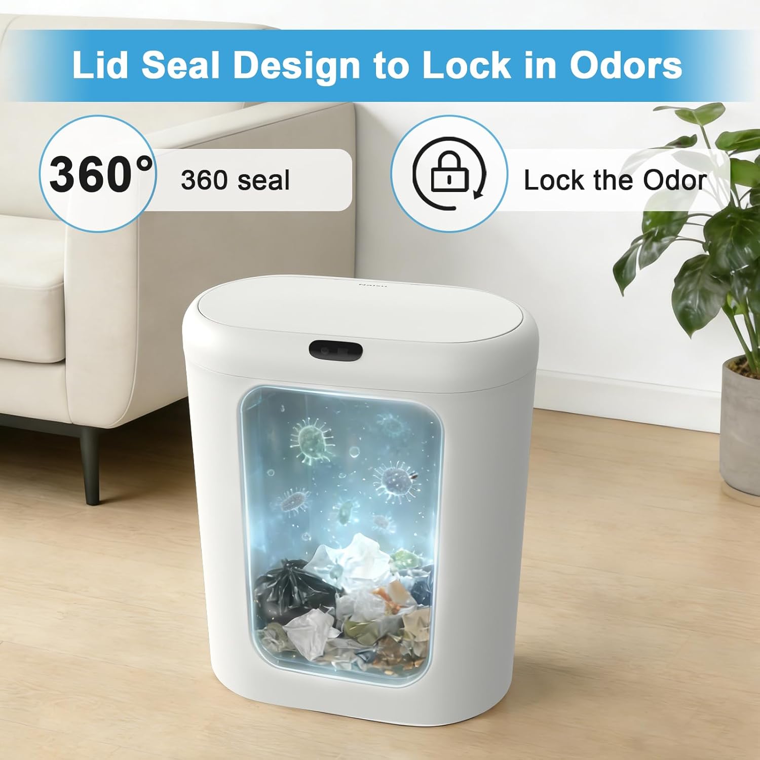 Naisu 4 Gallon Automatic Sensor Trash Can with Lid, 2 Pack Sealed Slim Design Waterproof Bathroom & Kitchen Garbage Bin, Motion Sensor Technology, Ideal for Small Spaces (White)