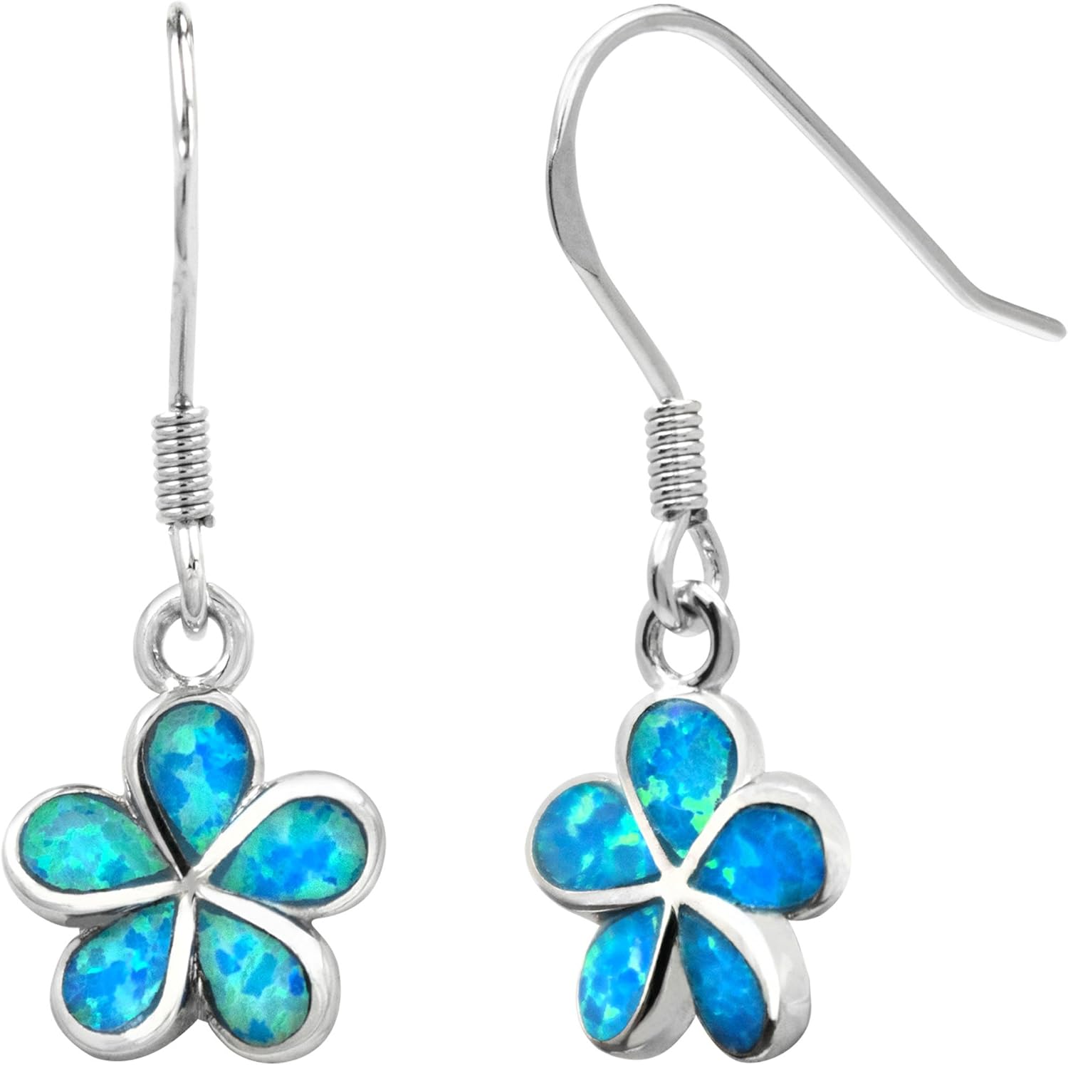 Sterling Silver Plumeria Flower Hook Earrings with Simulated Blue Opal