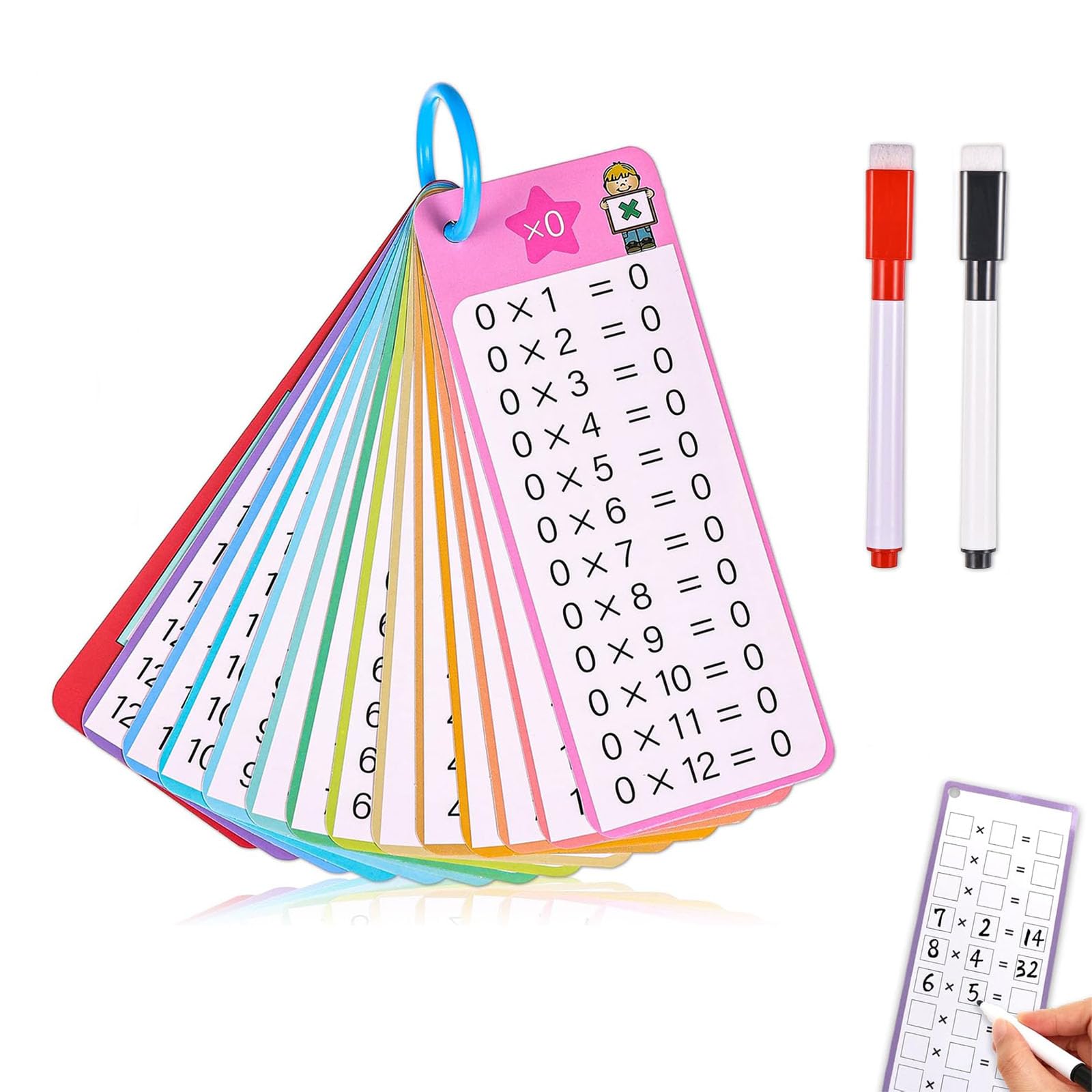 Times Tables Math Flash Cards With 2 Dry Erase Pens - 0-12 Multiplication Chart for 1st to 3rd Grade Learning Game